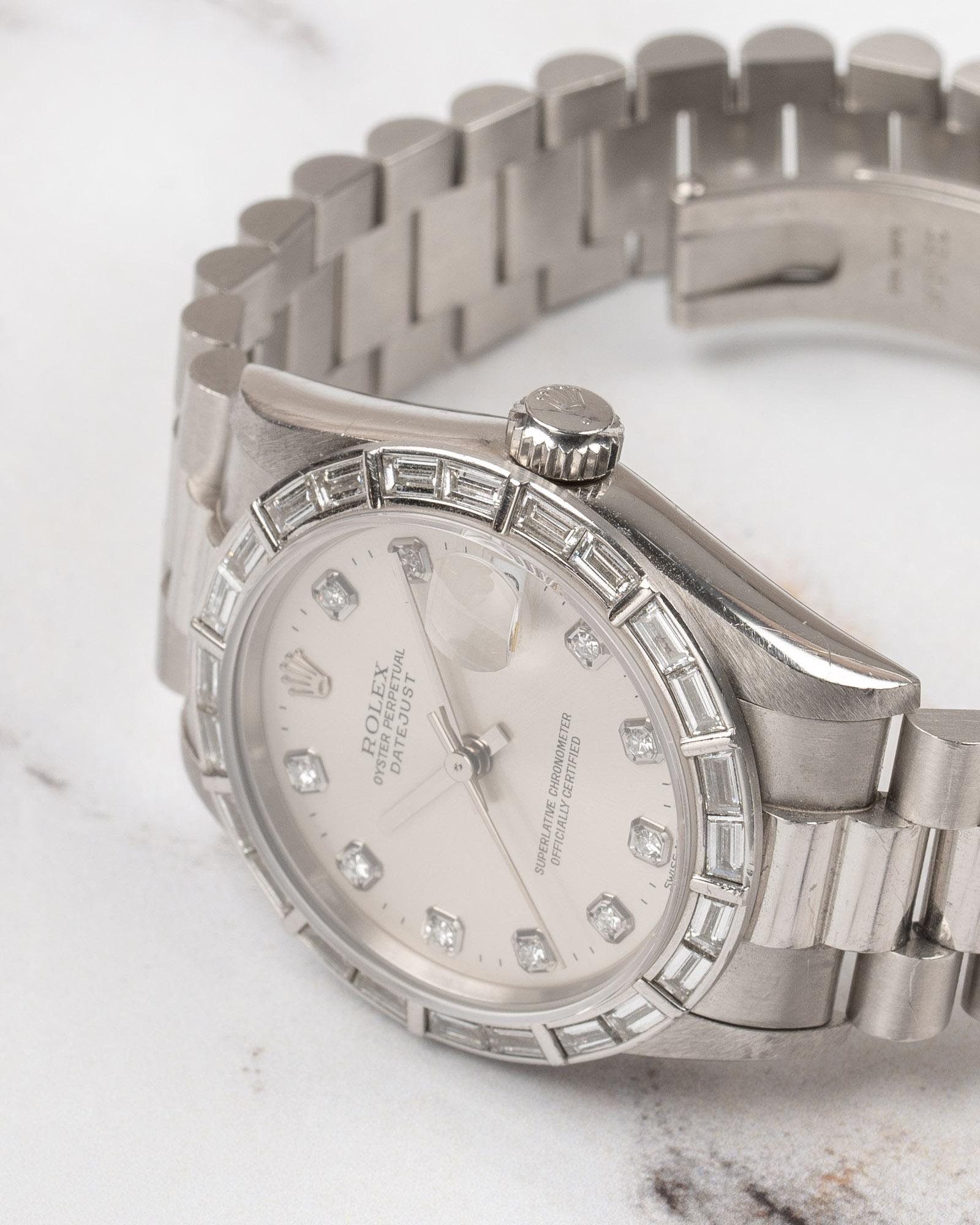 Rolex 31mm President Datejust 68266 Lunetta con Baguette di fabbrica Quadrante Bianco Platino in vendita 8