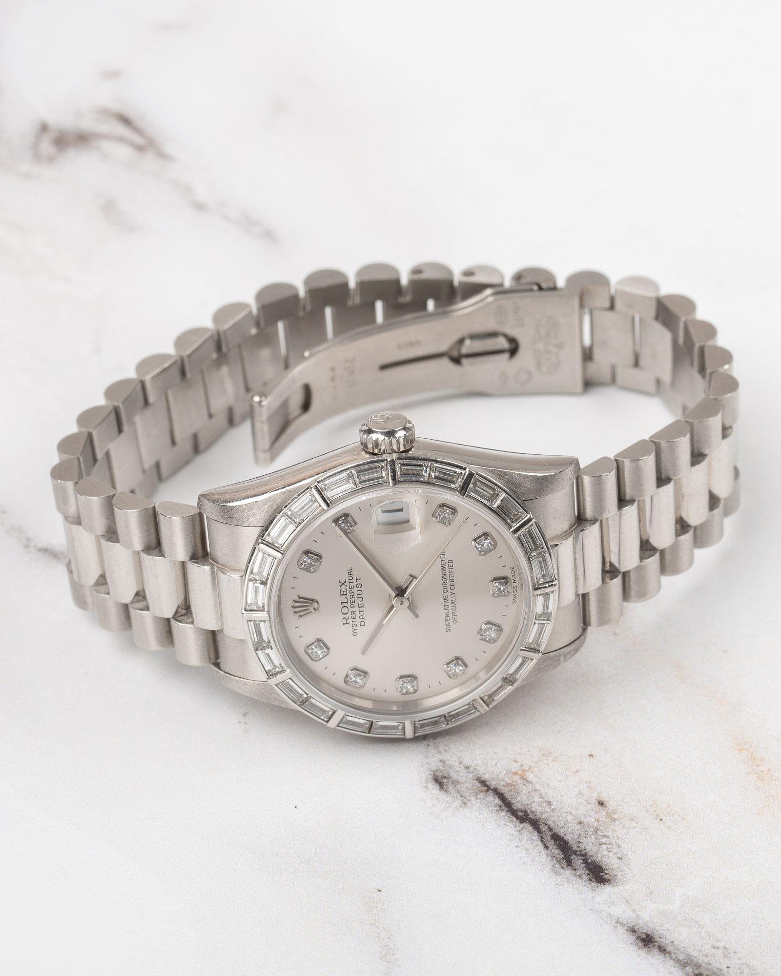 Rolex 31mm President Datejust 68266 Lunetta con Baguette di fabbrica Quadrante Bianco Platino in vendita 9