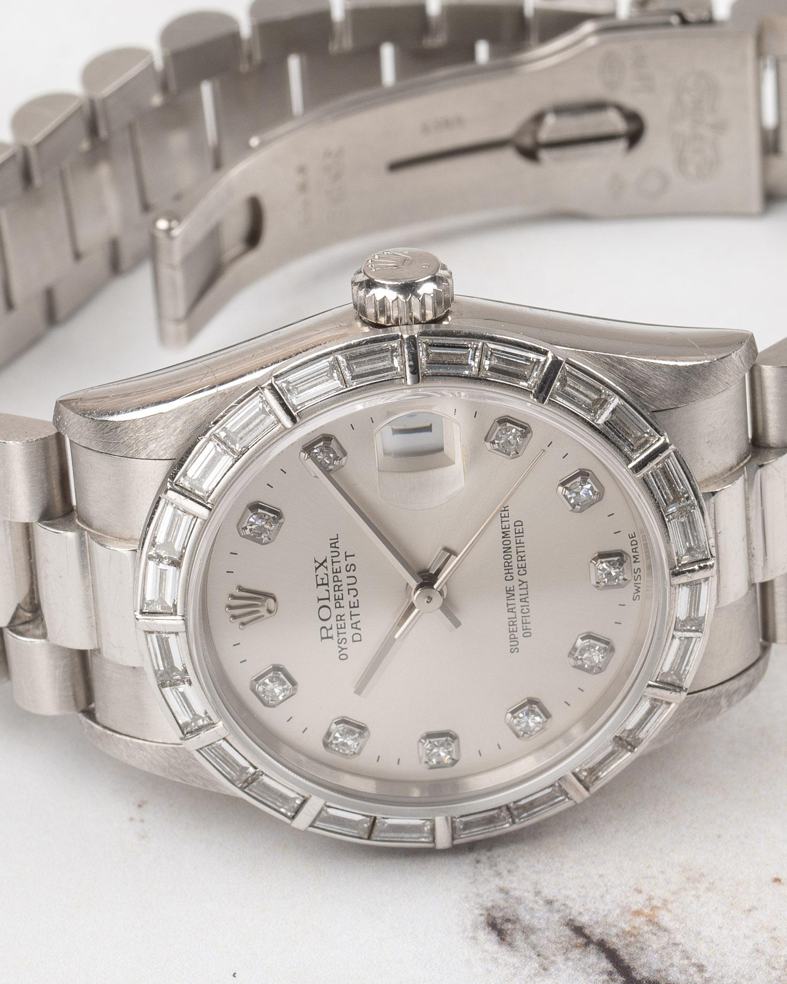 Rolex 31mm President Datejust 68266 Lunetta con Baguette di fabbrica Quadrante Bianco Platino in vendita 10