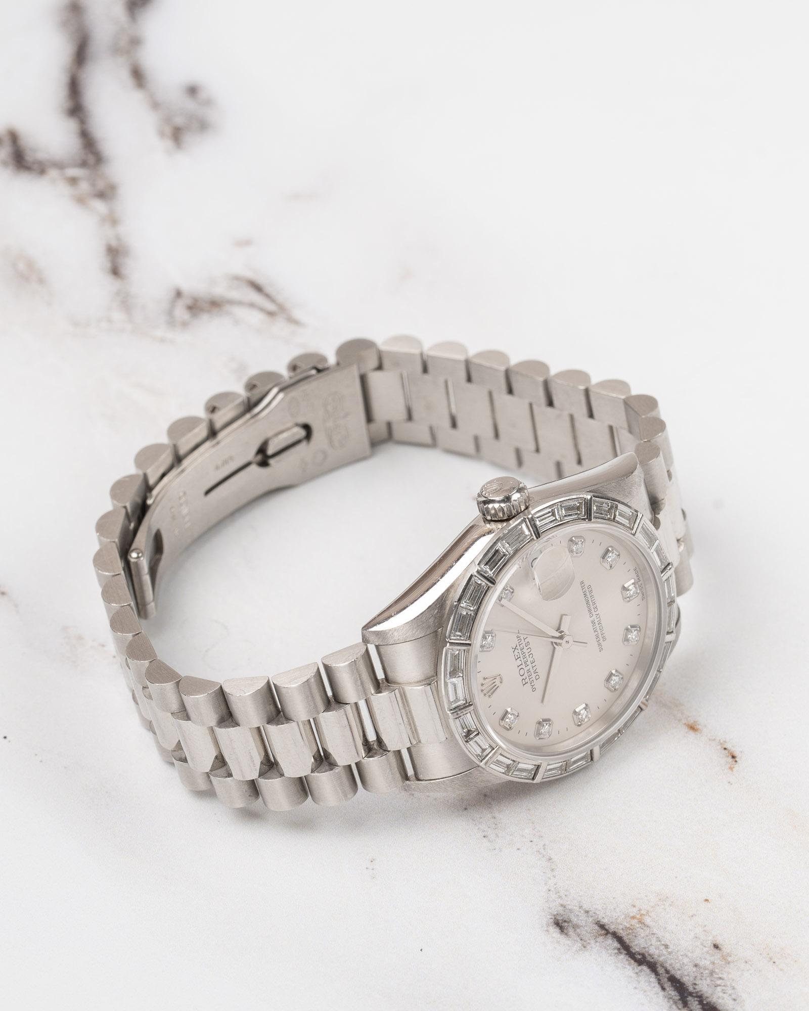 Rolex 31mm President Datejust 68266 Lunetta con Baguette di fabbrica Quadrante Bianco Platino in vendita 11