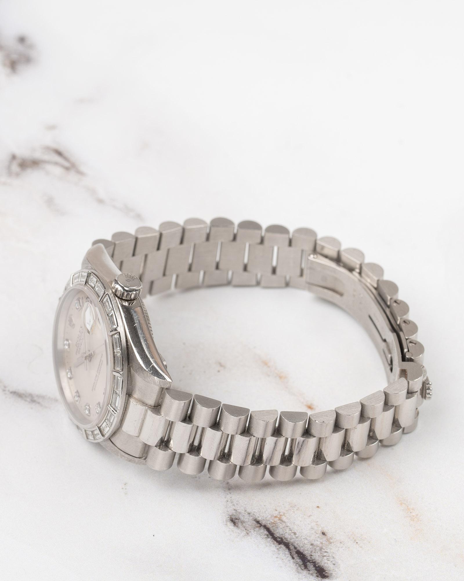 Rolex 31mm President Datejust 68266 Lunetta con Baguette di fabbrica Quadrante Bianco Platino in vendita 13