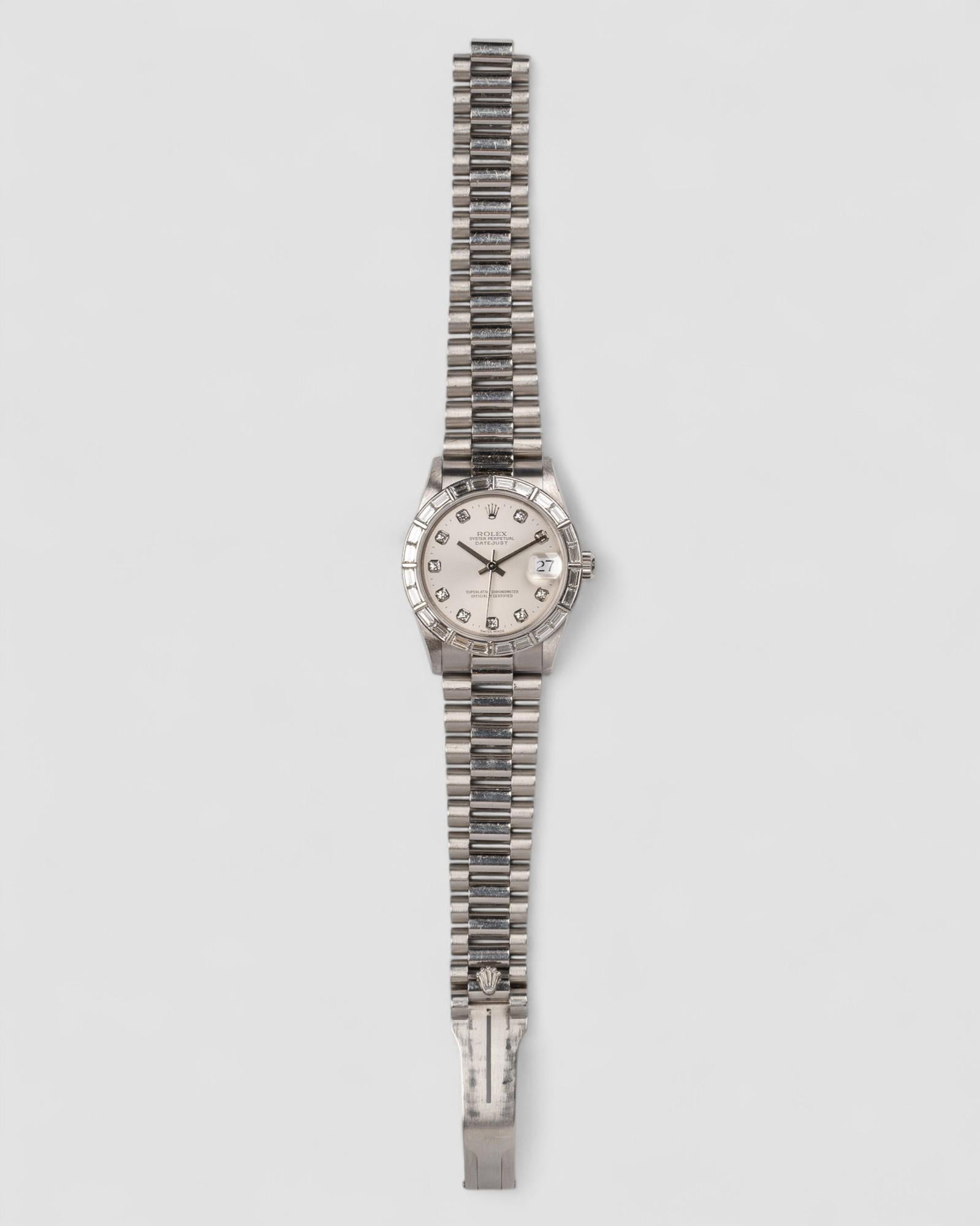 Rolex 31mm President Datejust 68266 Lunetta con Baguette di fabbrica Quadrante Bianco Platino in vendita 15
