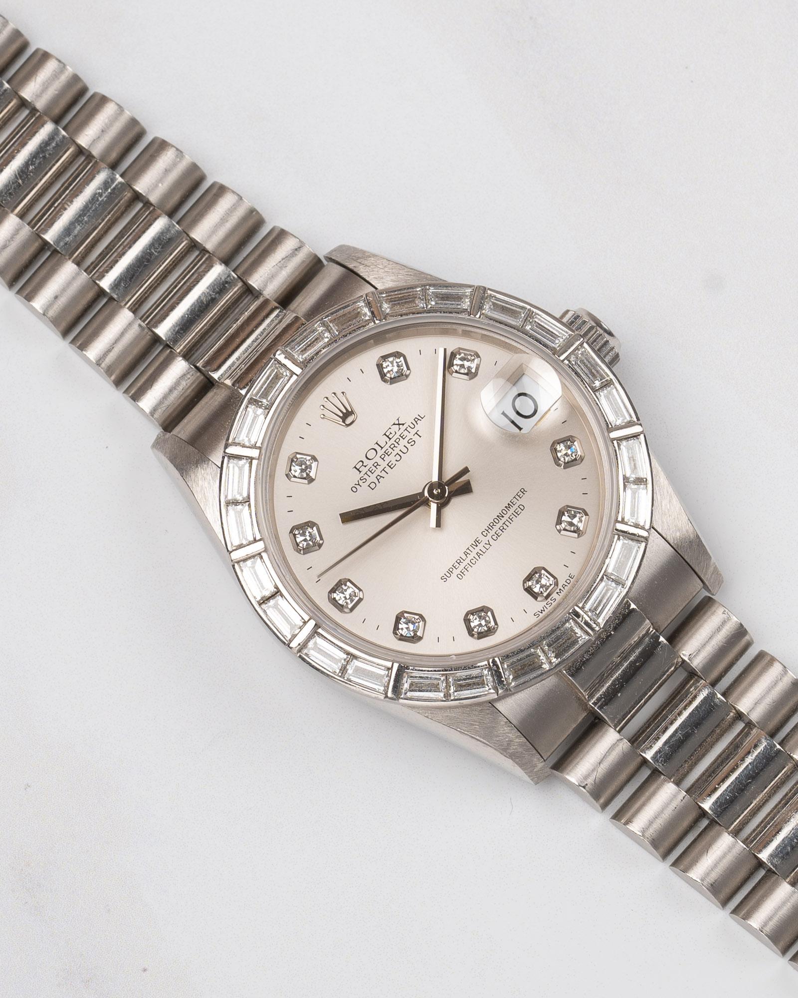 Rolex 31mm President Datejust 68266 Lunetta con Baguette di fabbrica Quadrante Bianco Platino In condizioni buone in vendita a SYDNEY, AU