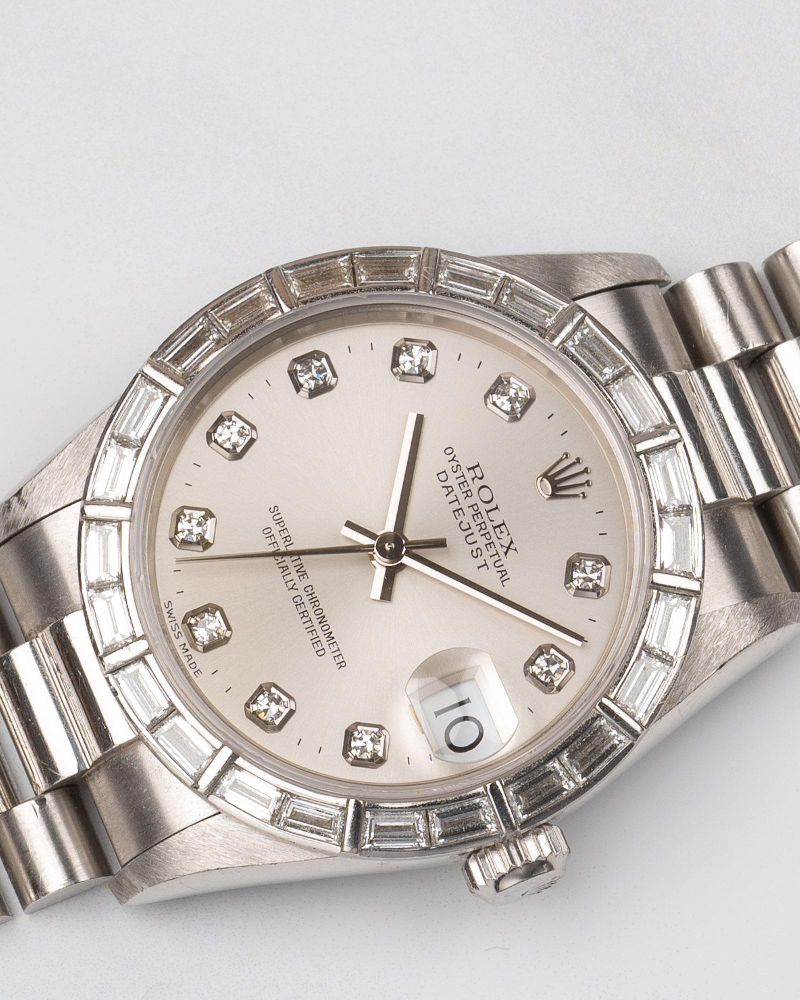 da uomo o donna Rolex 31mm President Datejust 68266 Lunetta con Baguette di fabbrica Quadrante Bianco Platino in vendita