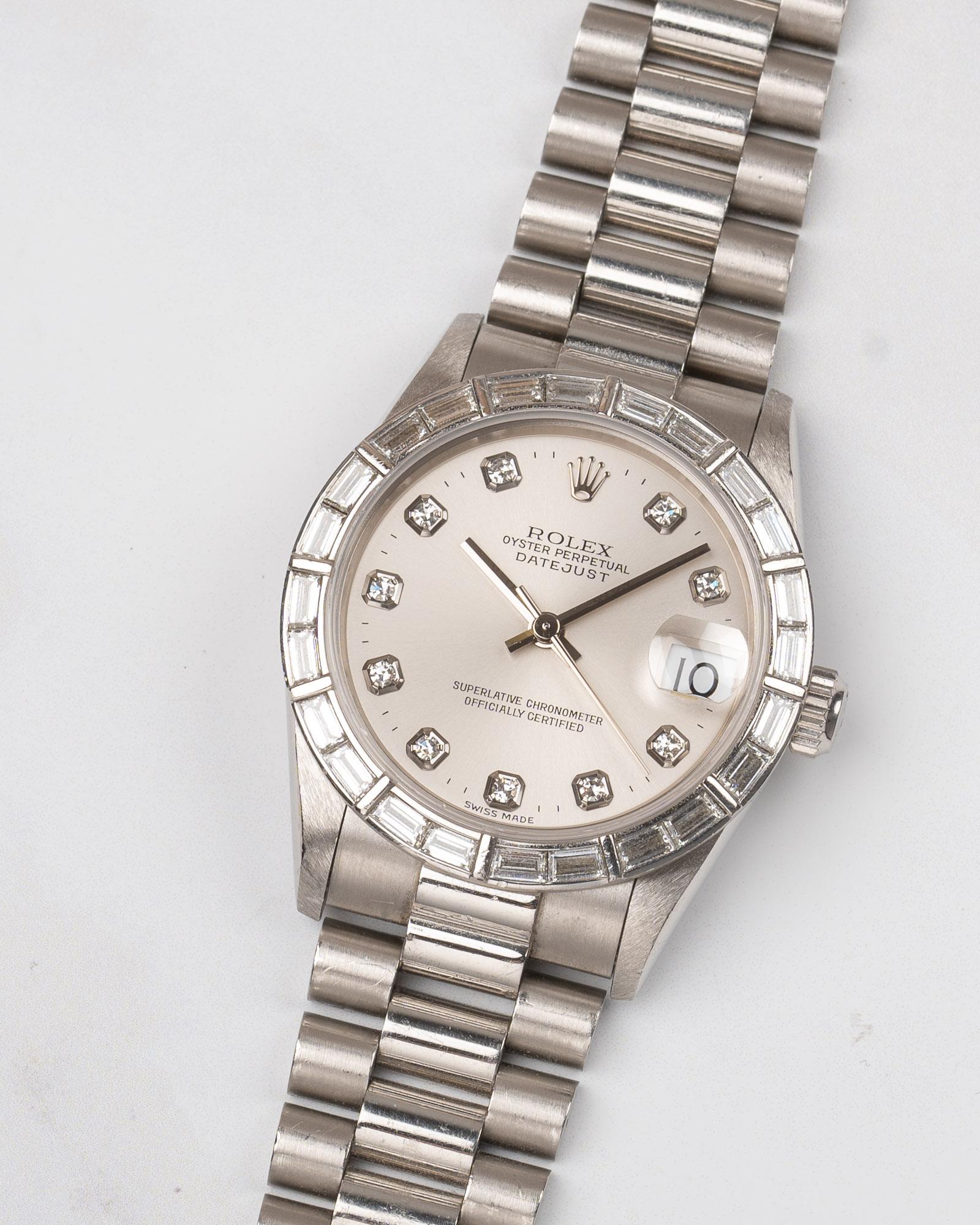 Rolex 31mm President Datejust 68266 Lunetta con Baguette di fabbrica Quadrante Bianco Platino in vendita 1