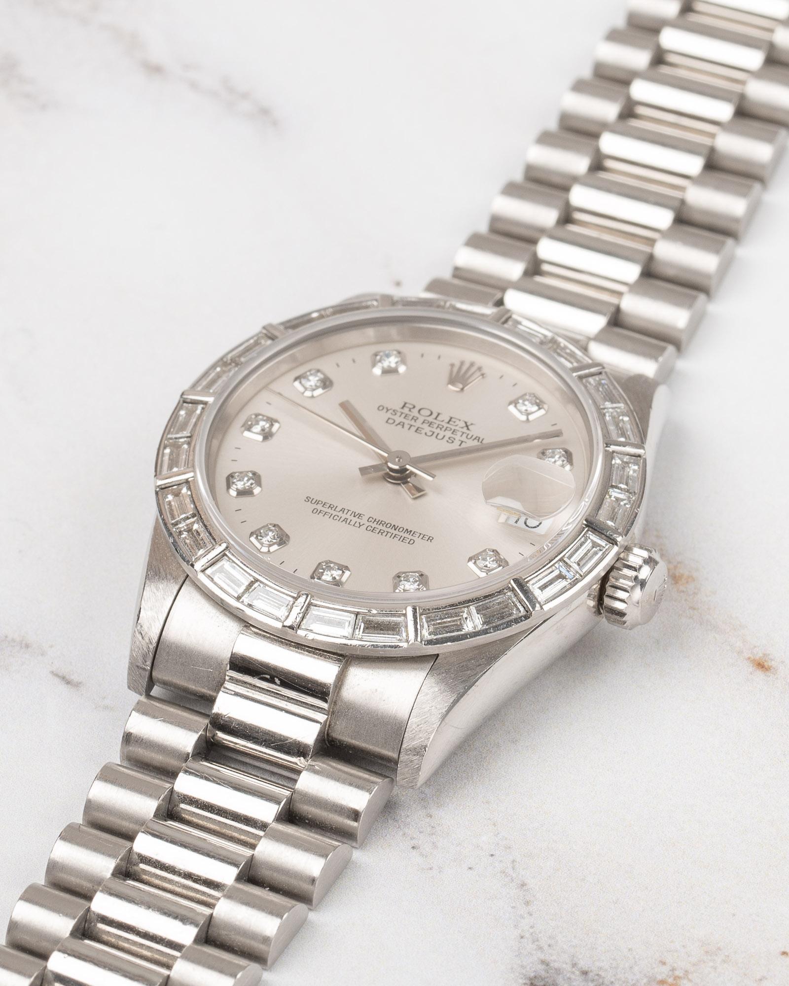 Rolex 31mm President Datejust 68266 Lunetta con Baguette di fabbrica Quadrante Bianco Platino in vendita 4