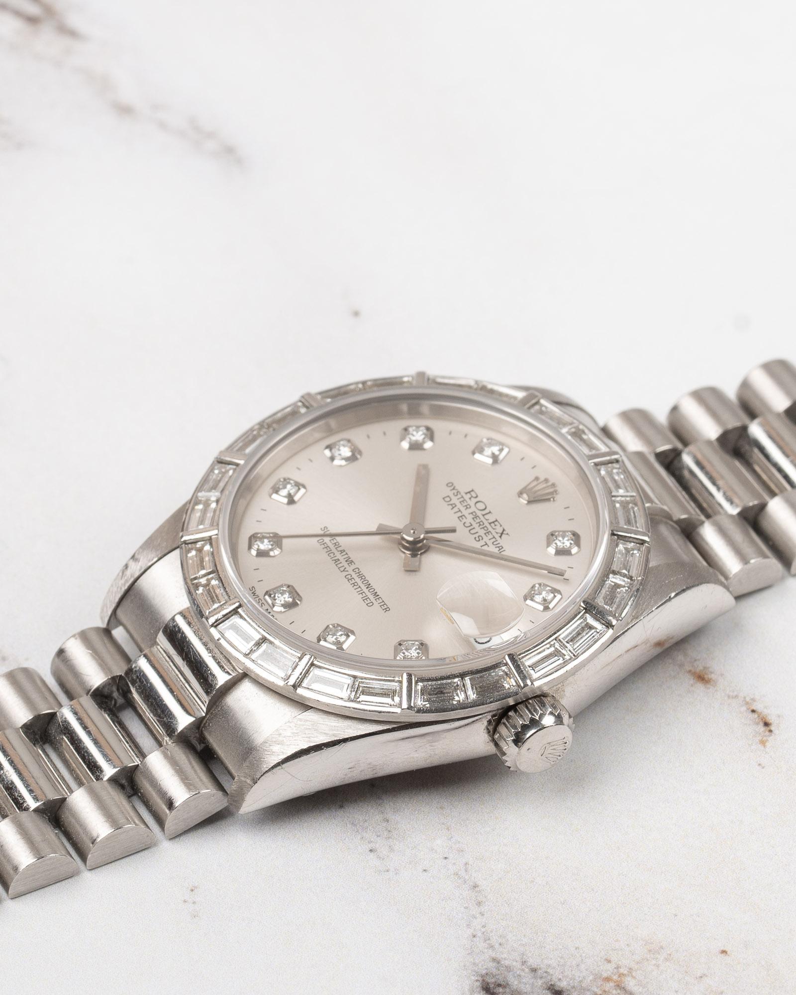 Rolex 31mm President Datejust 68266 Lunetta con Baguette di fabbrica Quadrante Bianco Platino in vendita 5