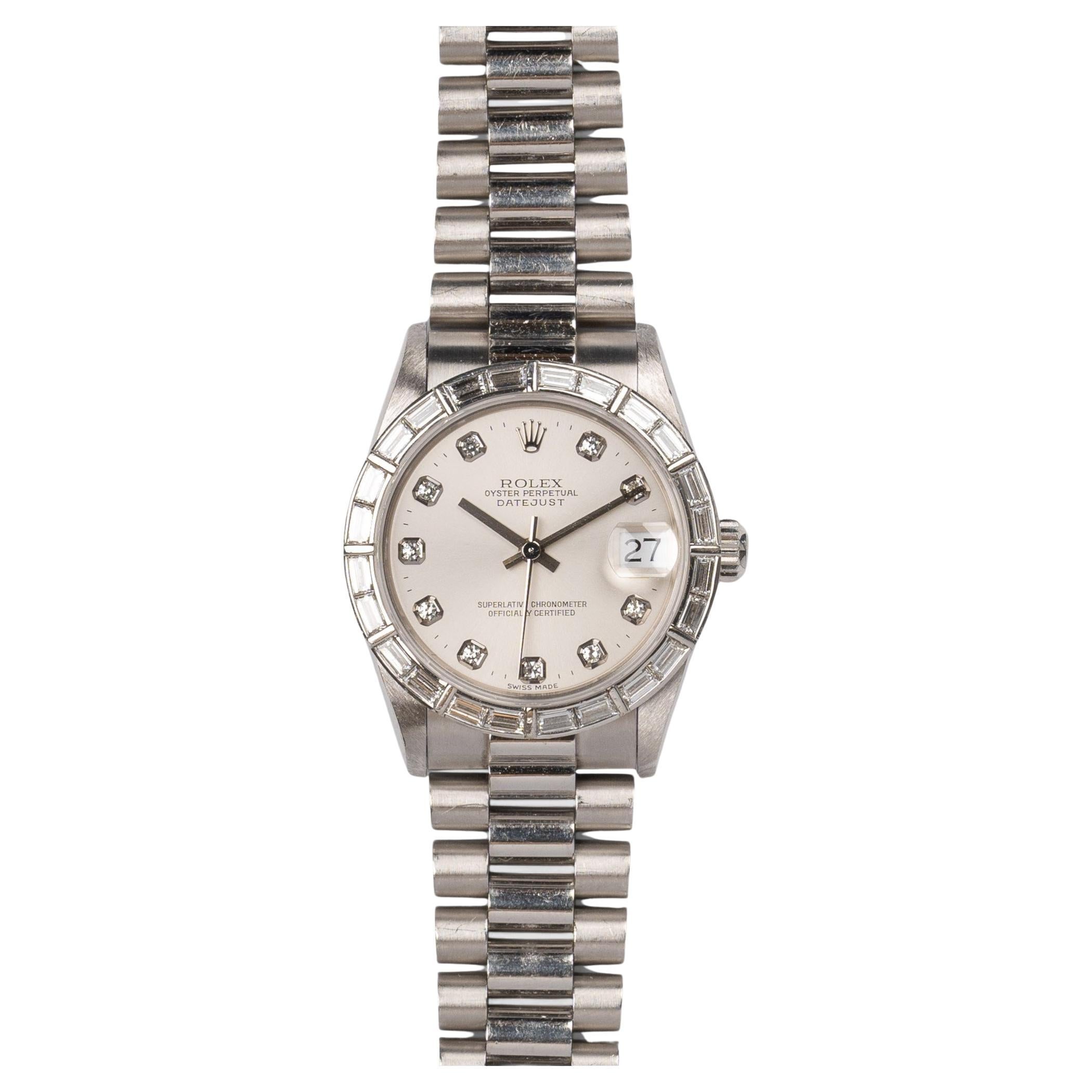 Rolex 31mm President Datejust 68266 Lunetta con Baguette di fabbrica Quadrante Bianco Platino in vendita