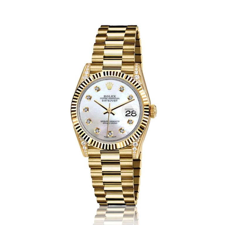 Rolex 31mm Presidential 18kt Gold White MOP Mother Of Pearl Dial with Diamond Accent Lugs 68278

This watch is in like new condition. It has been polished, serviced and has no visible scratches or blemishes. All our watches come with a standard 1