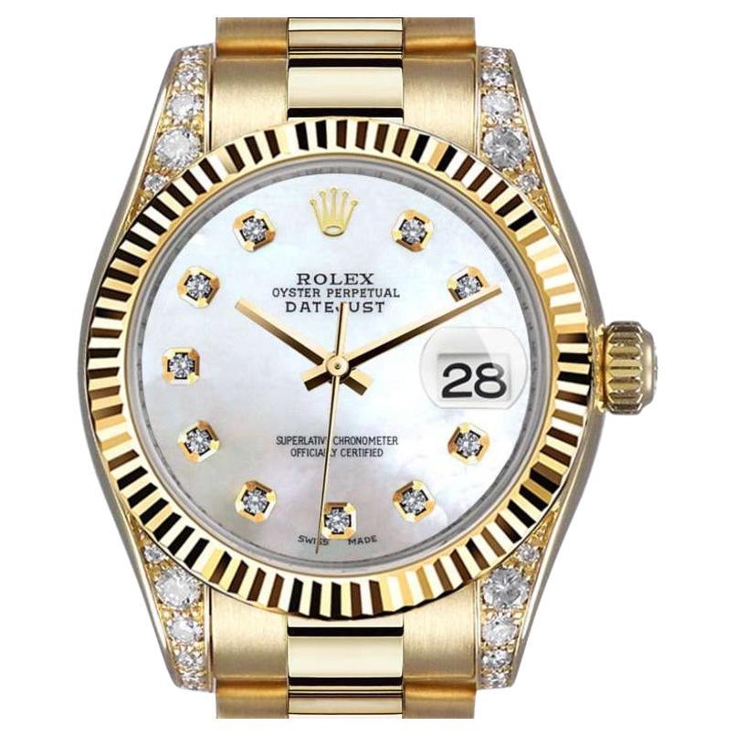 Rolex 31mm Presidential 18kt Gold White MOP Dial with Diamond Accent Lugs 68278 For Sale