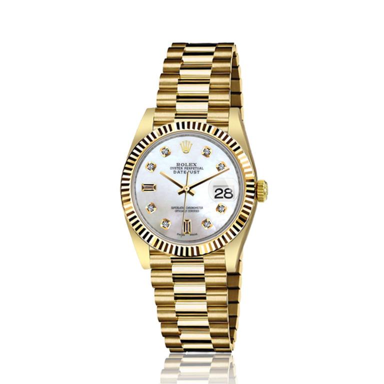 Rolex 31mm Presidential 18kt Gold White MOP Mother Of Pearl Baguette Diamond Dial Flutted Bezel 68278

