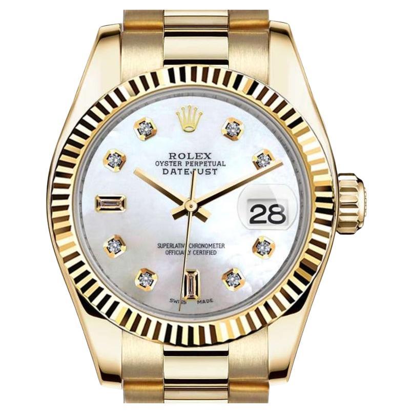 Rolex 31mm Presidential 18kt Gold White Mother Of Pearl Baguette Diamond Dial For Sale