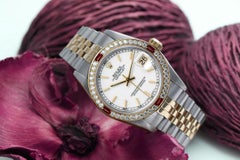 Rolex Women's Datejust White Stick Dial Diamond & Ruby Bezel Two Tone Watch