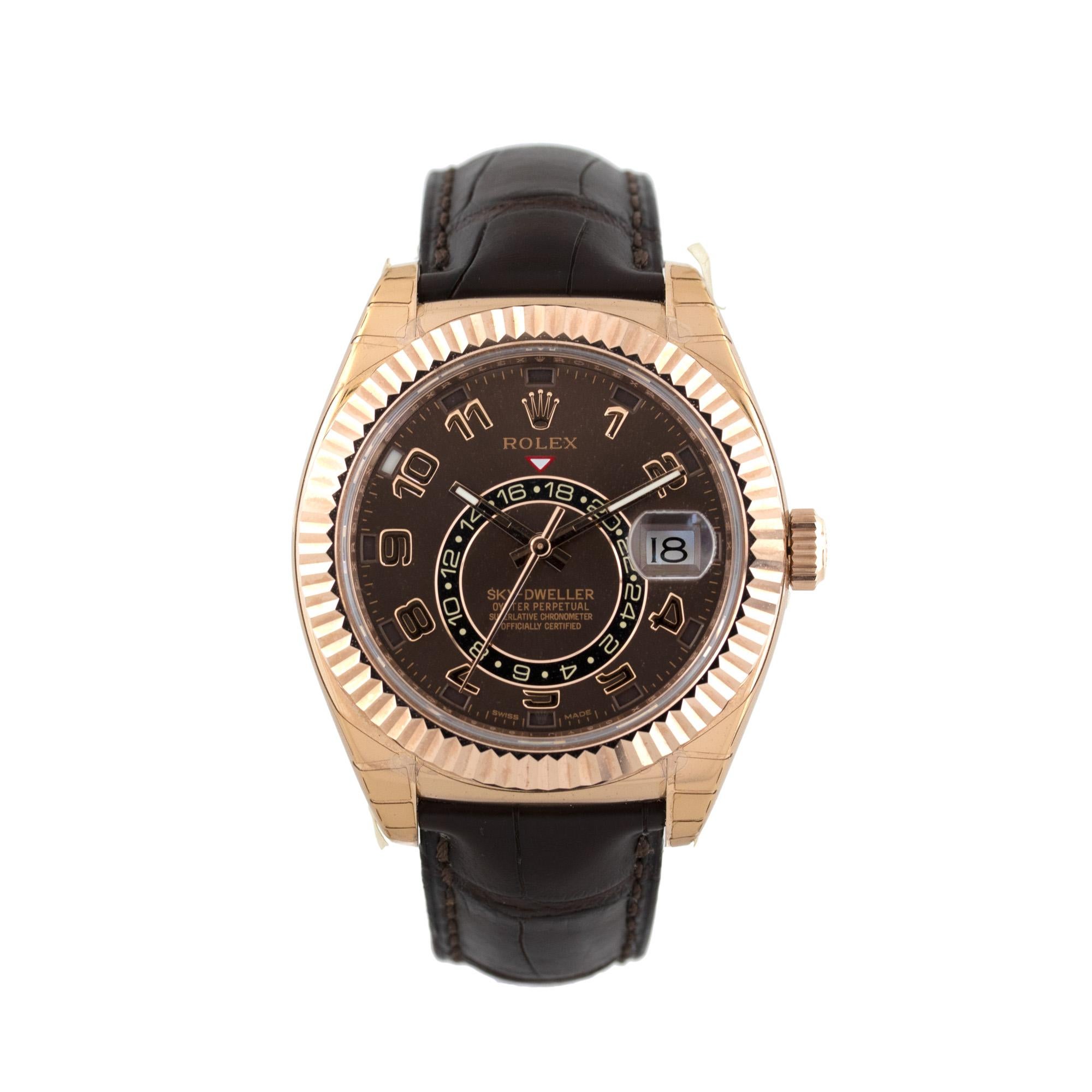 Brand: Rolex
MPN: 326135
Model: Skydweller
Case Material: 18k rosegold
Case Diameter: 42 mm
Crystal: scratch resistant sapphire
Bezel: 18k rose gold fluted bezel
Dial: Chocolate dial
Bracelet: Brown Leather
Clasp: 18k Rose gold Fold over