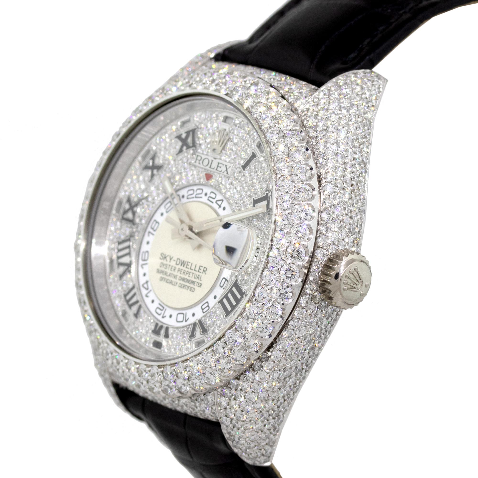 Taille ronde Rolex 326139 Skydweller Montre en or blanc 18 carats entièrement diamantée en vente
