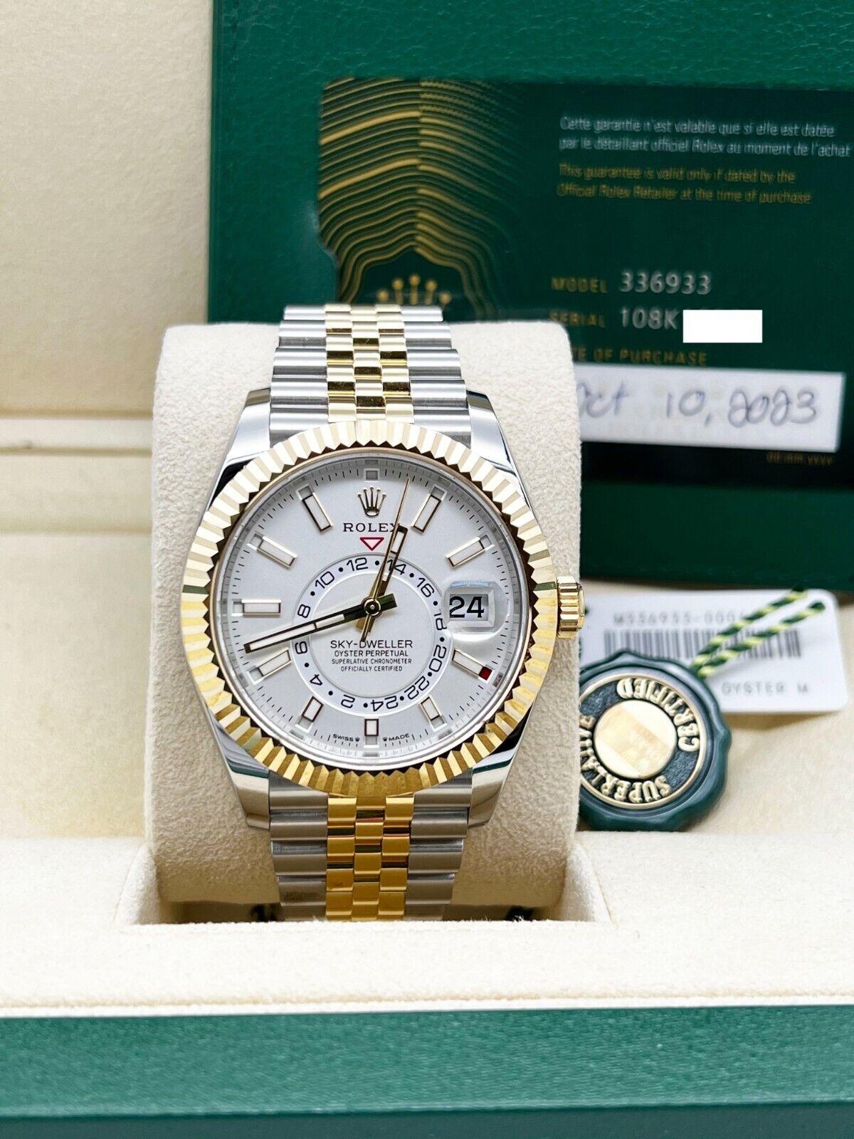 Men's Rolex 336933 Sky Dweller White Dial 18K Yellow Gold Stainless Box Paper 2023 For Sale