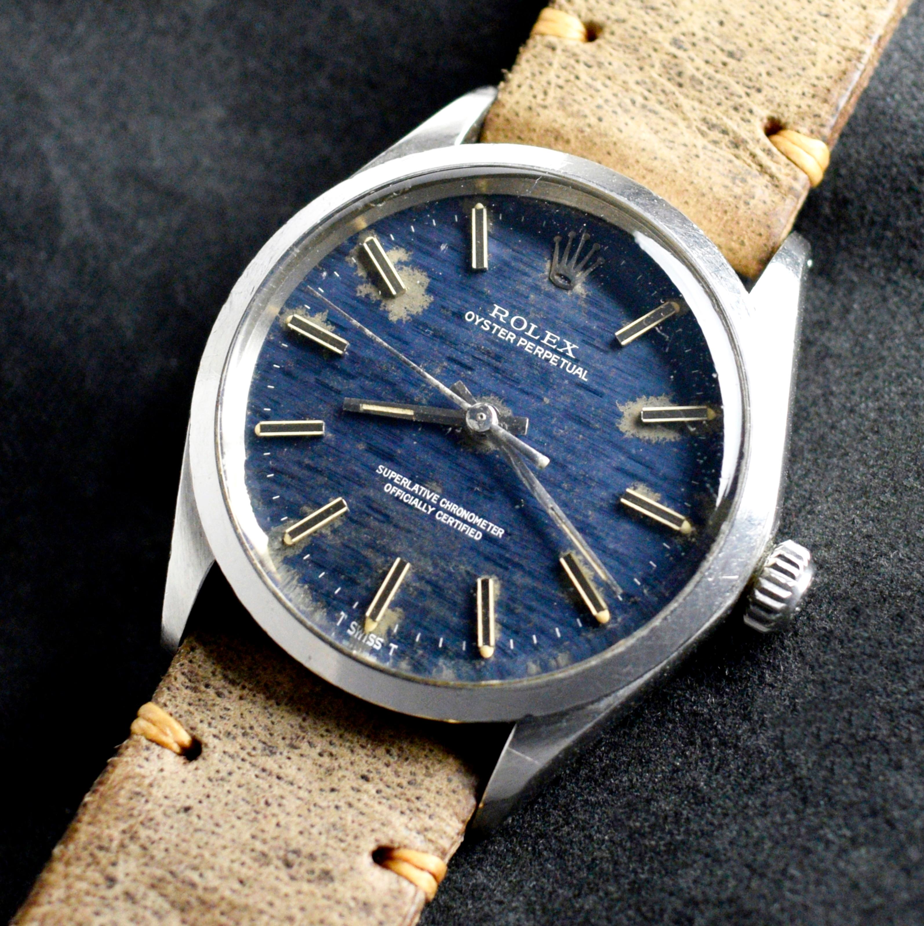Brand: Vintage Rolex
Model: 1002
Year: 1972
Serial number: 35xxxxx
Reference: C03649

Case: 34mm without crown; Show sign of wear with slight polish from previous; inner case back stamped 1002

Dial: The dial was originally made in blue color and