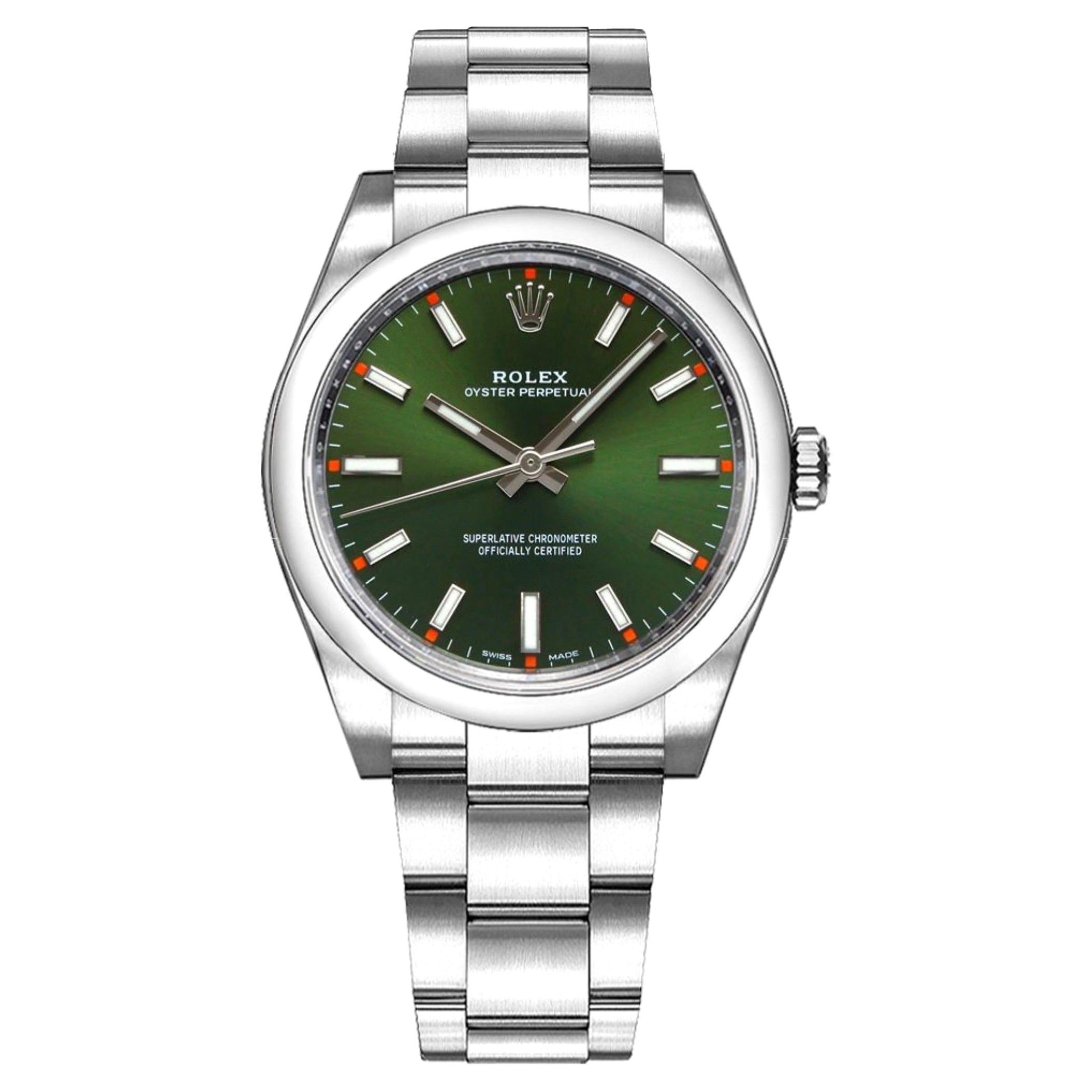 Rolex Perpetual Oyster Perpetual 34 Uhr aus Edelstahl. Olivgrünes Zifferblatt mit Indexindexen. Verschraubte, massive Krone mit doppeltem Verriegelungssystem und doppelter Wasserdichtigkeit. Kratzfestes Saphirglas. Die Uhr hat einen zentralen