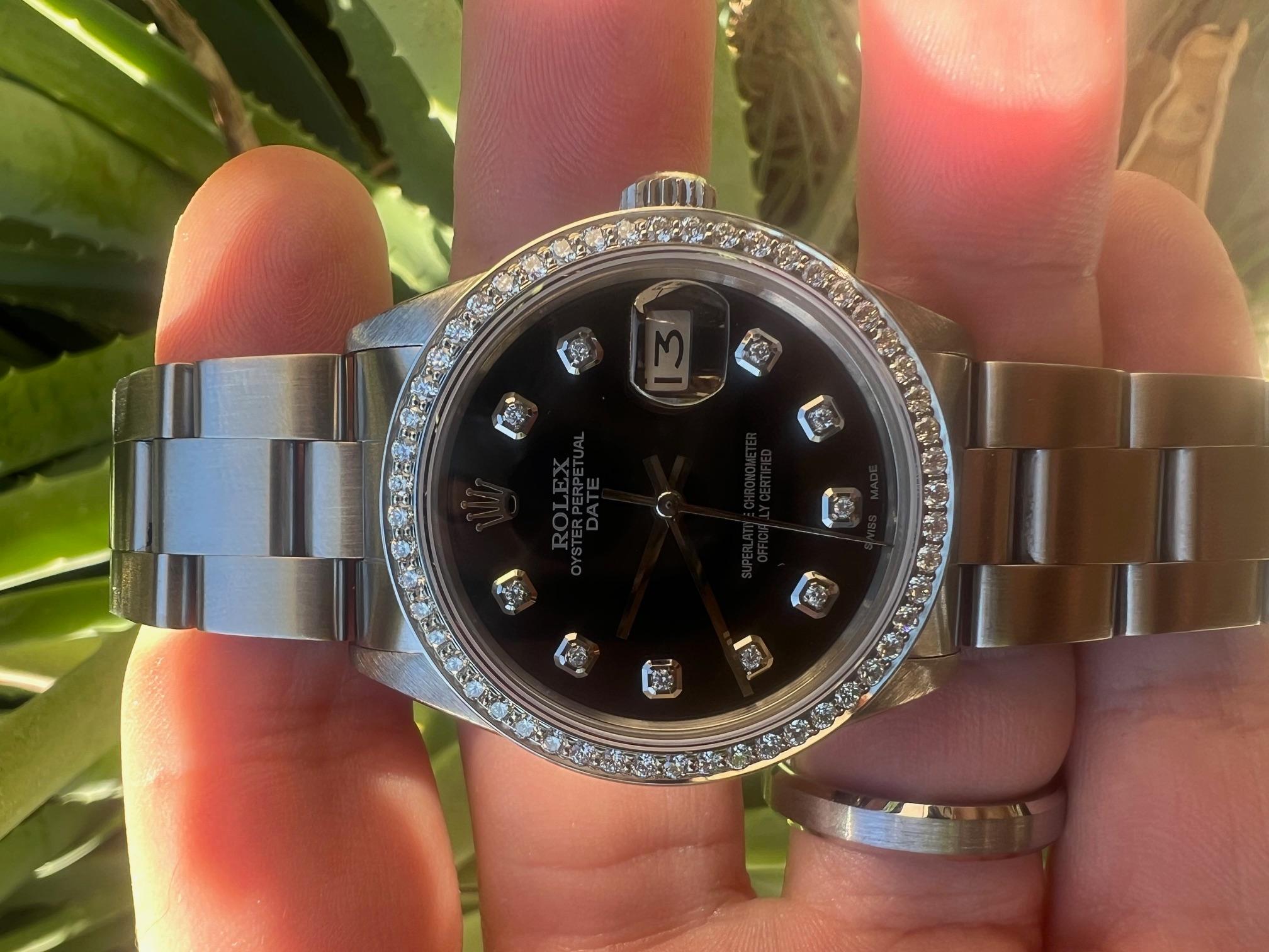 Rolex 34mm SS Date Black Diamond Dial Diamond Bezel Oyster Band Watch en vente 5