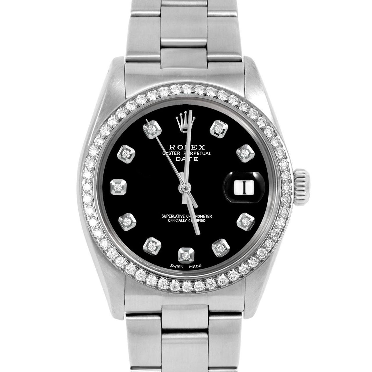 Marque : Rolex
Modèle : Date (modèle non sélectif)
Genre : Unisexe
Métaux : Acier inoxydable
Taille du boîtier : 34 mm

Cadran : Cadran noir à diamants personnalisé (Ce cadran n'est pas d'origine Rolex et a été ajouté en après-vente, mais il s'agit