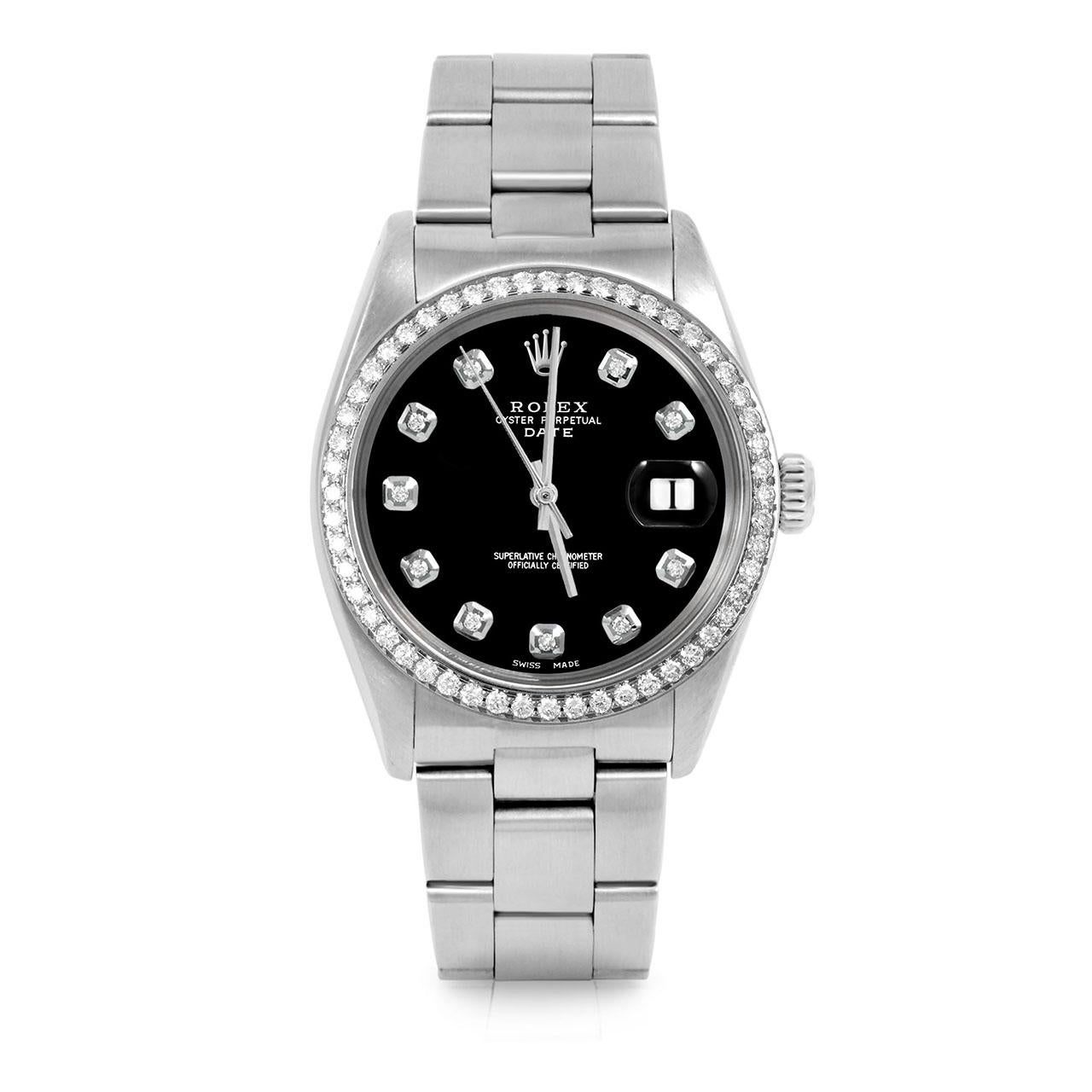Rolex 34mm SS Date Black Diamond Dial Diamond Bezel Oyster Band Watch Bon état - En vente à San Fernando, CA