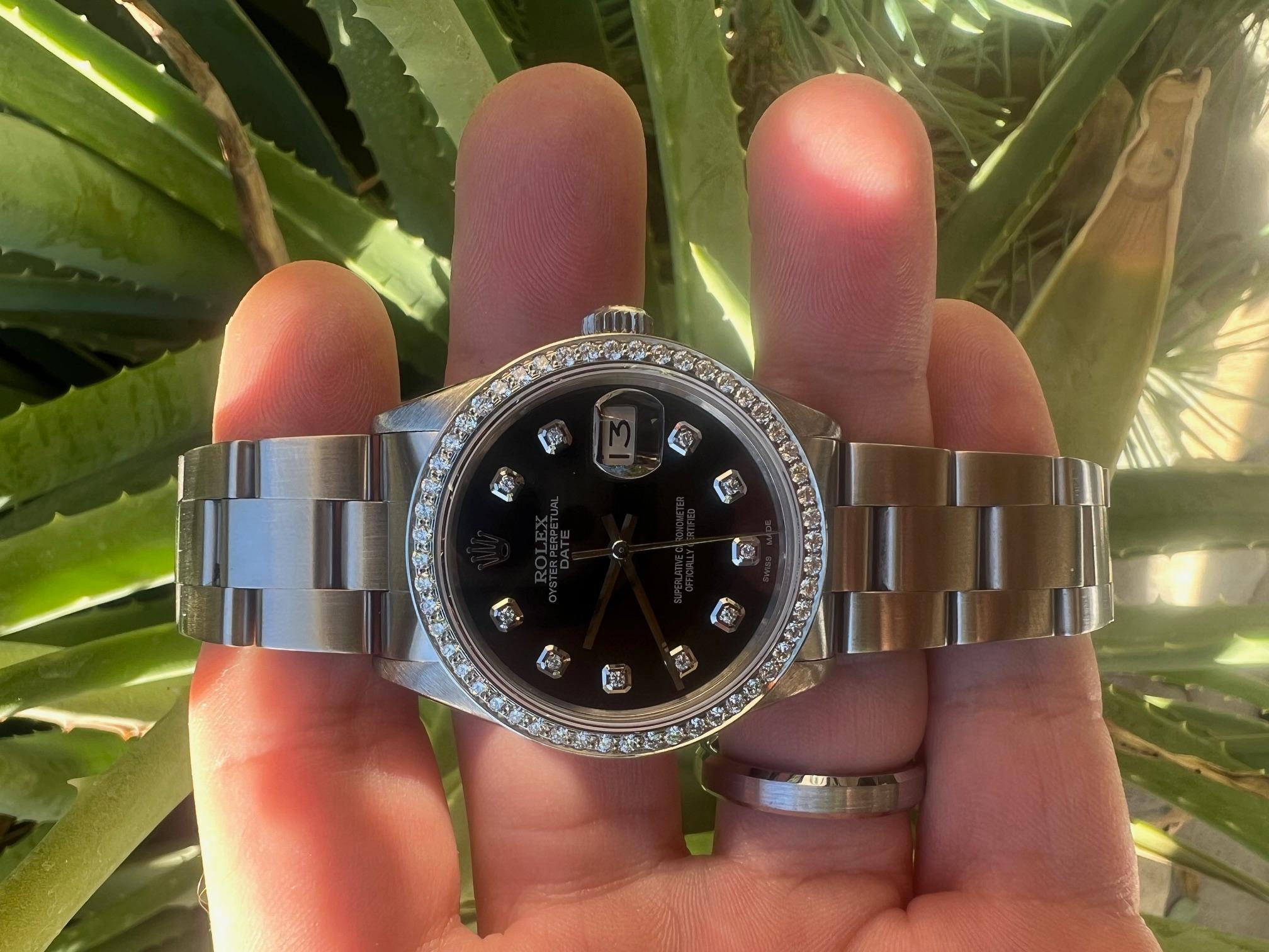 Rolex 34mm SS Date Black Diamond Dial Diamond Bezel Oyster Band Watch Unisexe en vente