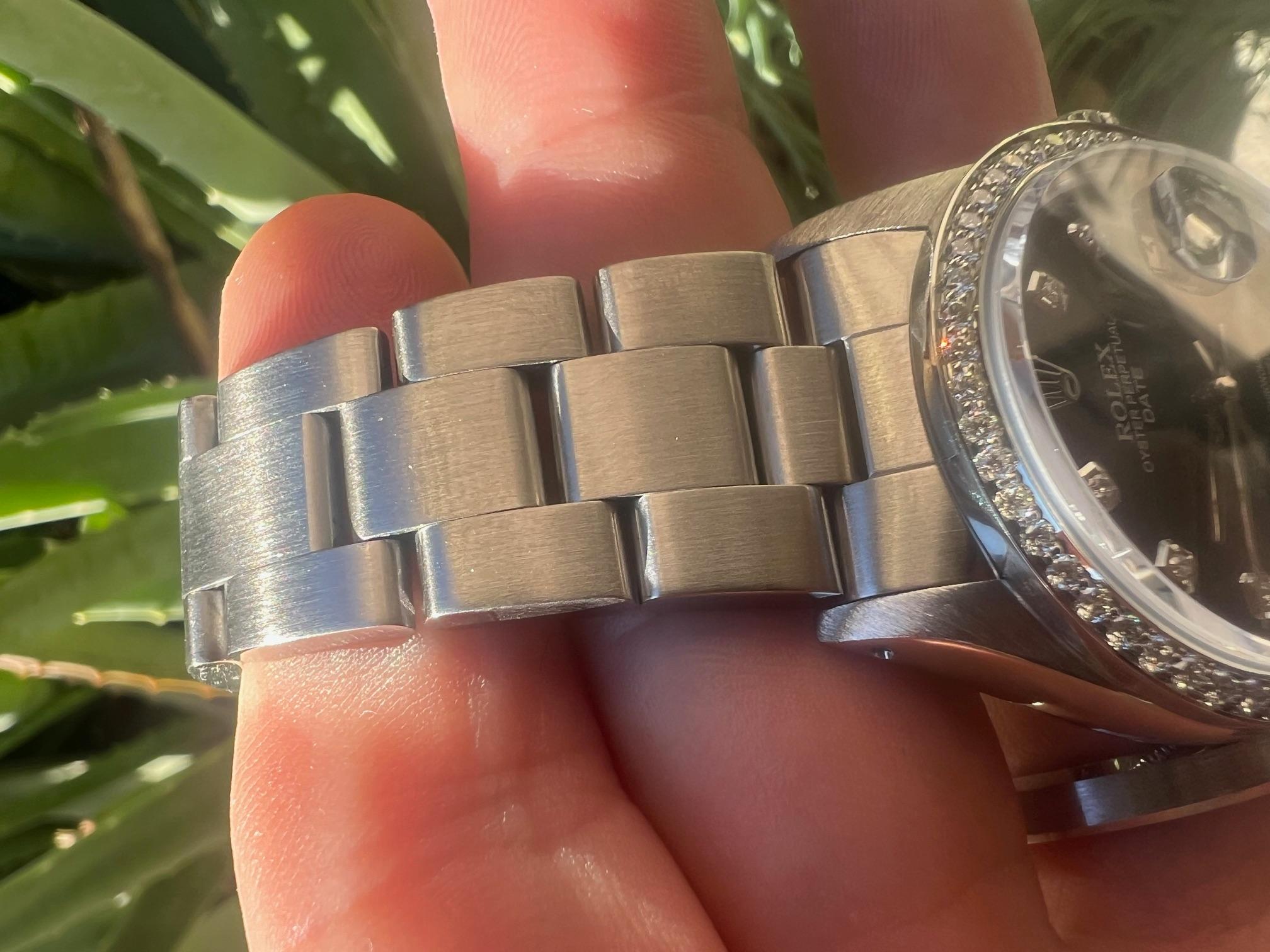 Rolex 34mm SS Date Black Diamond Dial Diamond Bezel Oyster Band Watch en vente 3