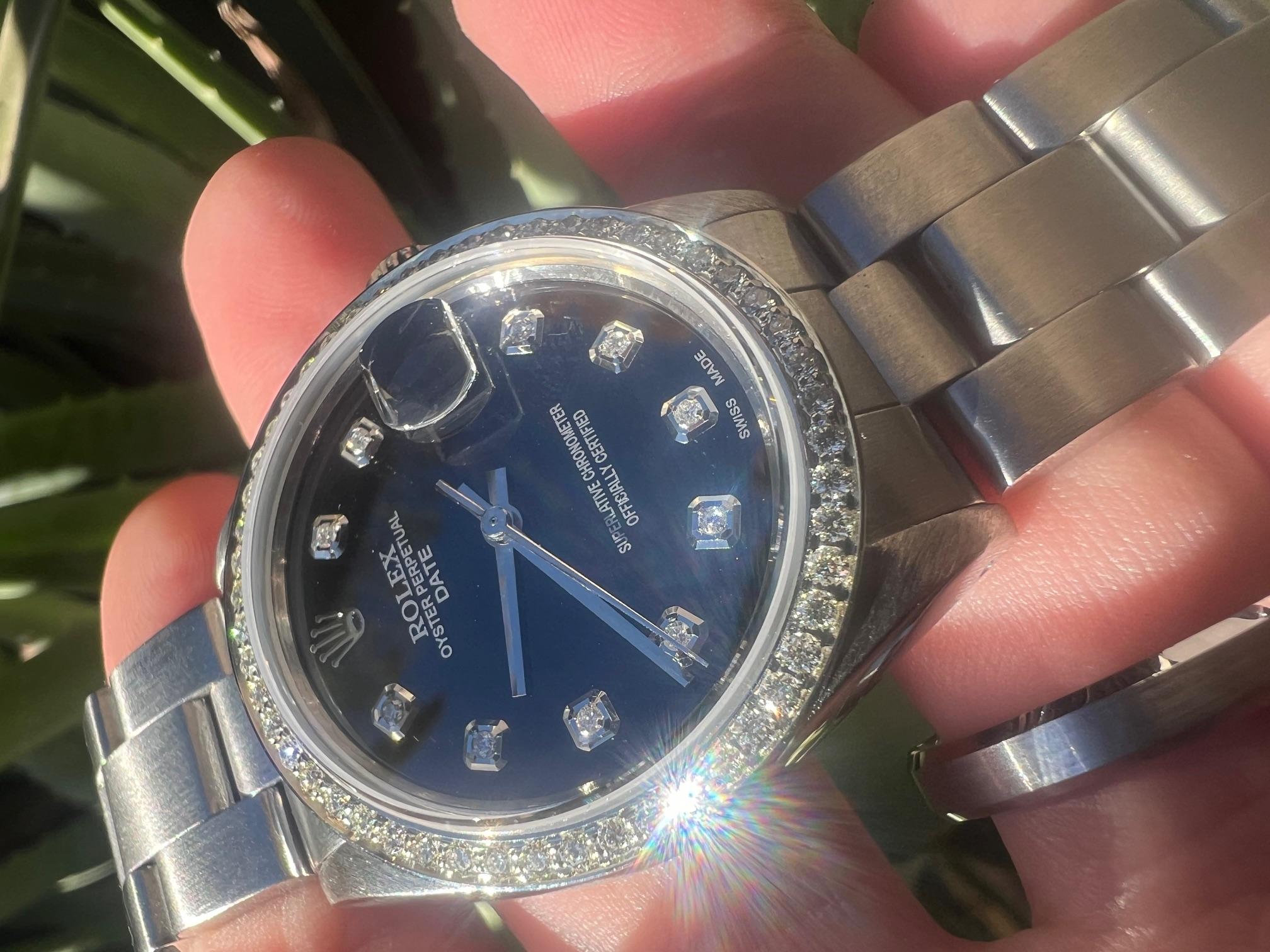 Rolex 34mm SS Date Black Diamond Dial Diamond Bezel Oyster Band Watch en vente 4