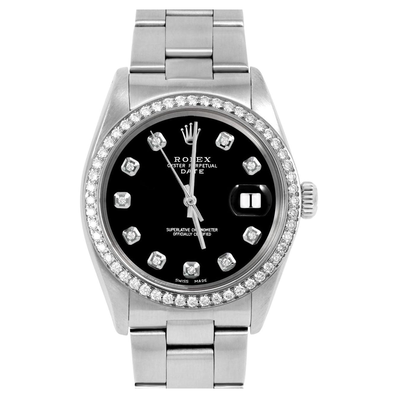 Rolex 34mm SS Date Black Diamond Dial Diamond Bezel Oyster Band Watch
