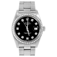 Rolex 34mm SS Date Black Diamond Dial Diamond Bezel Oyster Band Watch