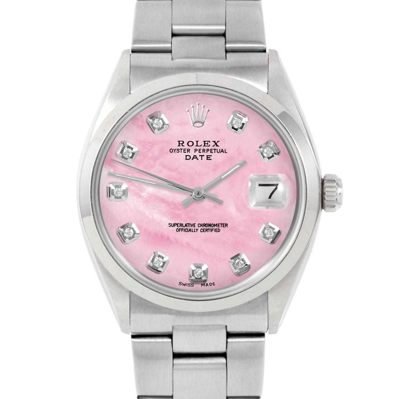 Brand : Rolex
Model : Date (Non-Quickset Model)
Gender : Unisex
Metals : Stainless Steel
Case Size : 34 mm

Dial : Custom Pink Mother Of Pearl Diamond Dial (This dial is not original Rolex And has been added aftermarket yet is a beautiful Custom
