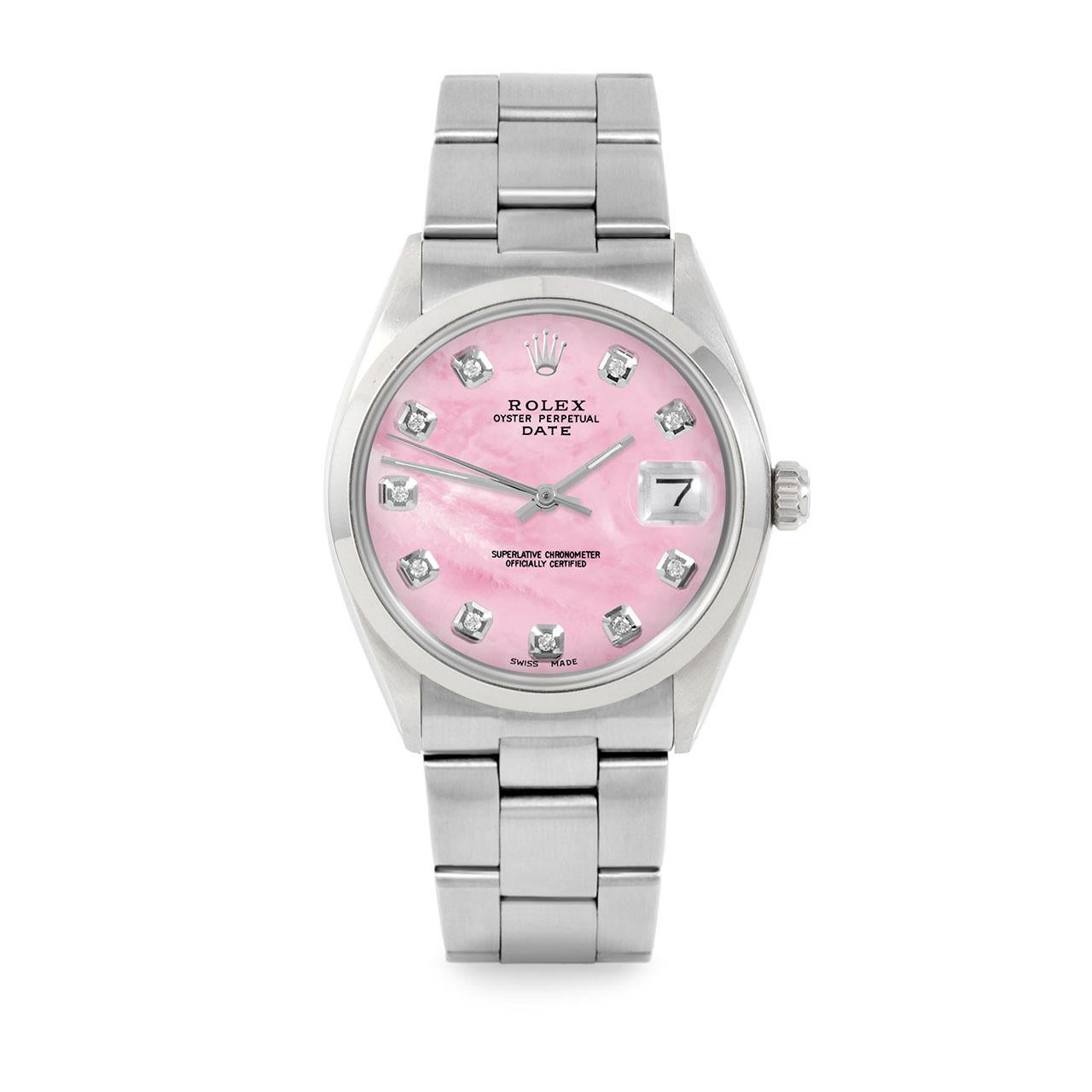 Bead Rolex 34mm SS Date Pink MOP Diamond Dial Smooth Bezel Oyster Band Watch For Sale