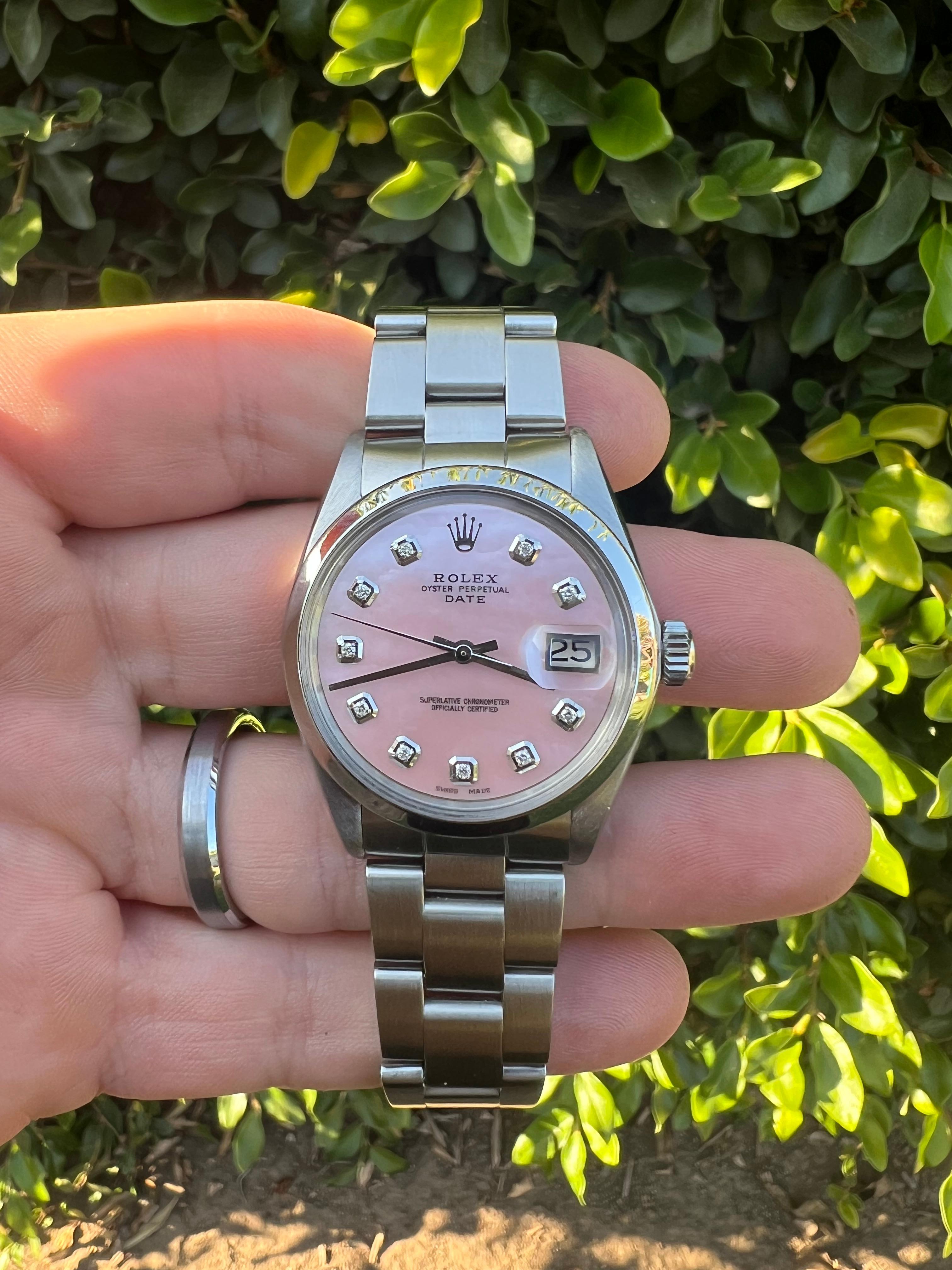 Women's or Men's Rolex 34mm SS Date Pink MOP Diamond Dial Smooth Bezel Oyster Band Watch For Sale