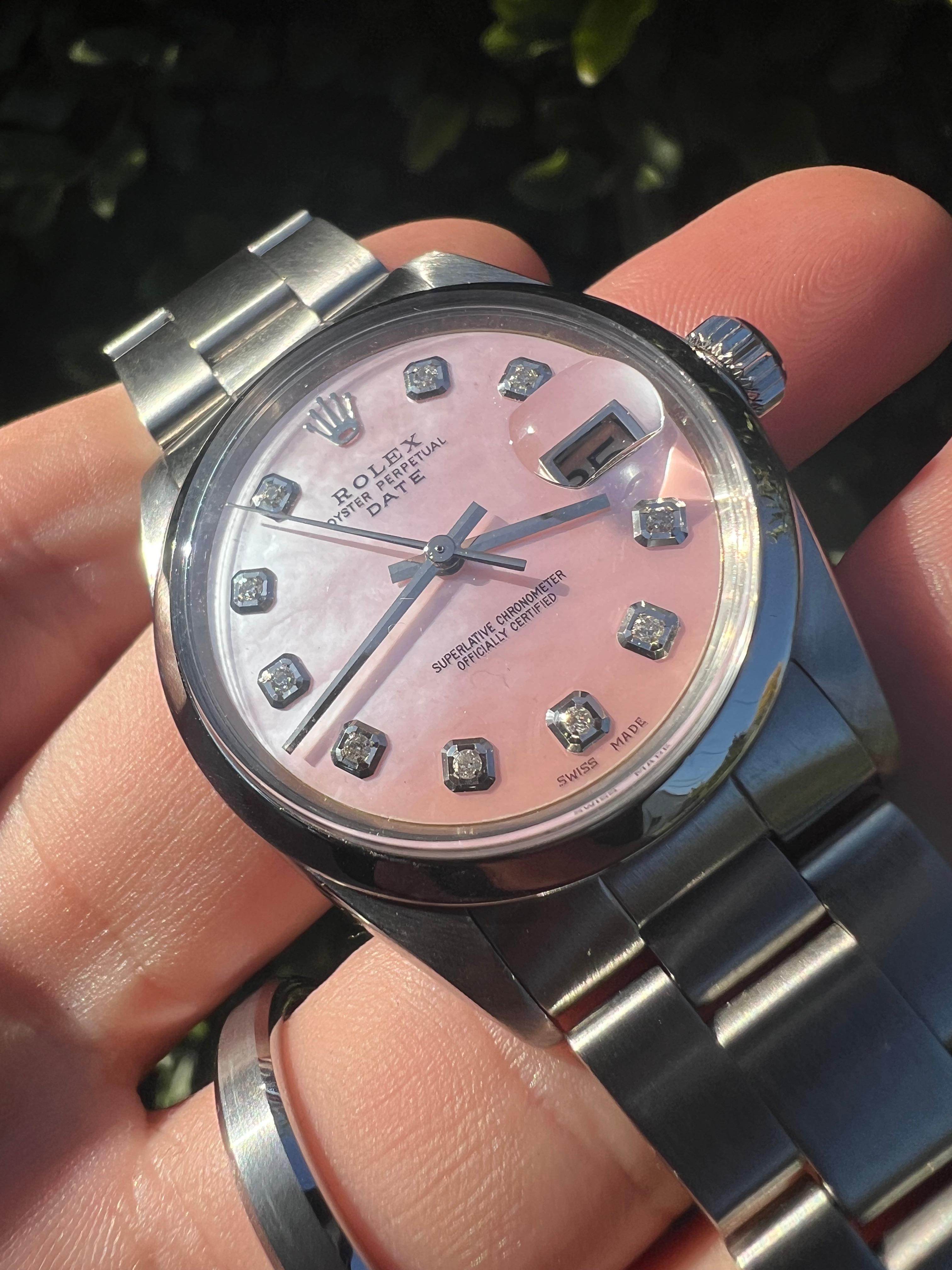Rolex 34mm SS Date Pink MOP Diamond Dial Smooth Bezel Oyster Band Watch For Sale 1