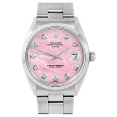Rolex 34mm SS Date Pink MOP Diamond Dial Smooth Bezel Oyster Band Watch