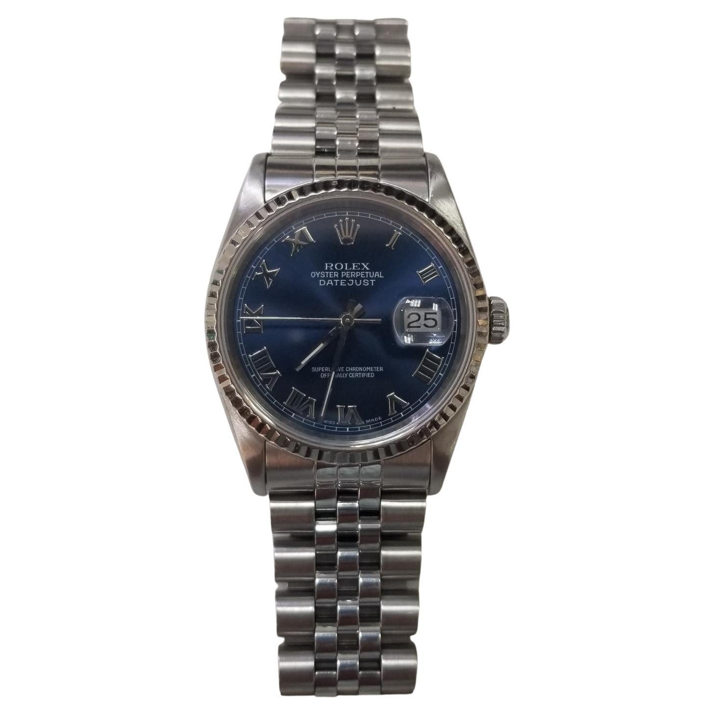 Rolex 34mm Stainless Steel Jubilee Perpetual Datejust With Blue Roman Numerals For Sale