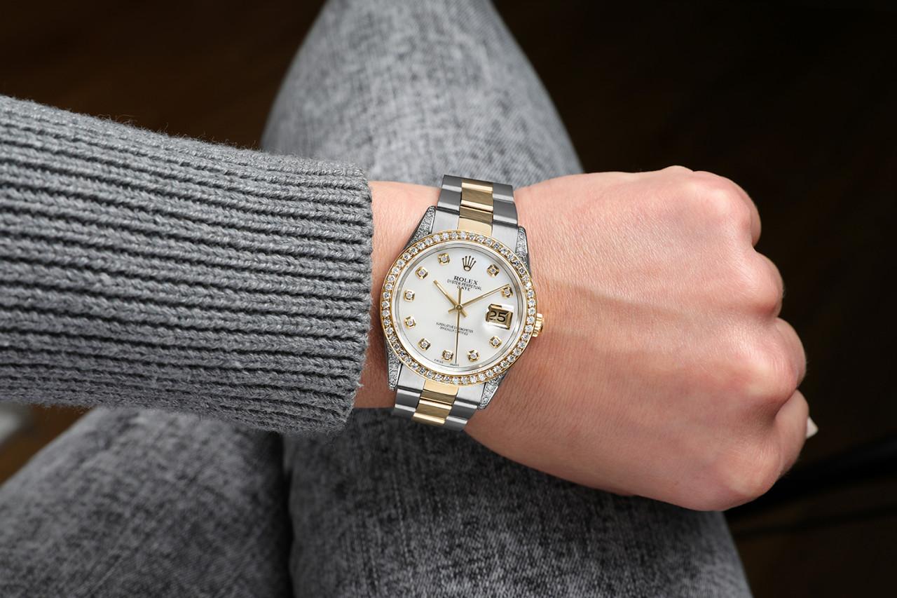 Round Cut Rolex Two Tone White Mother of Pearl Dial with Diamond Accent Bezel Watch 15053 For Sale