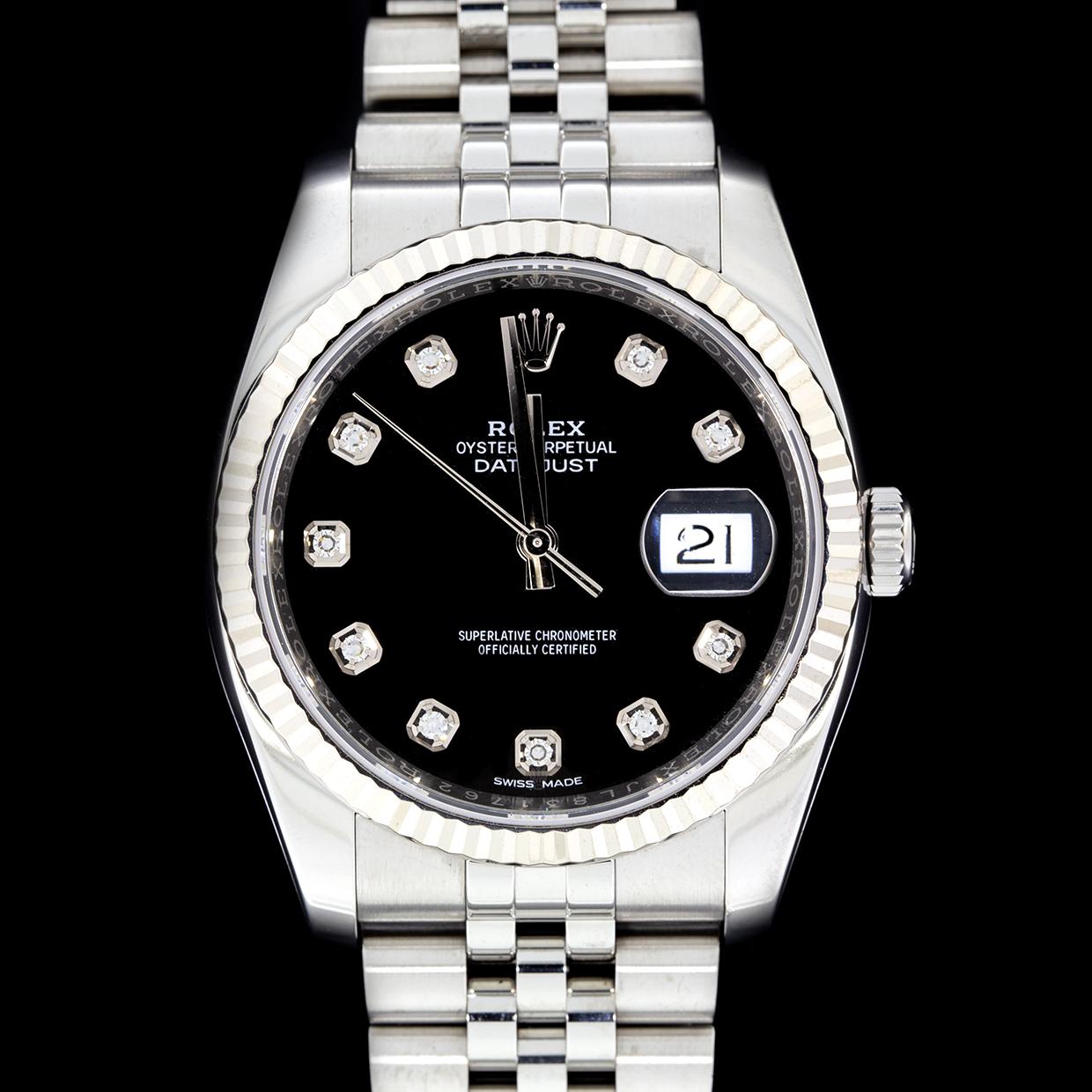 Rolex Stainless Steel 36mm Datejust Watch with Black Diamond Dial, Model 116234 In Excellent Condition In Columbia, MO