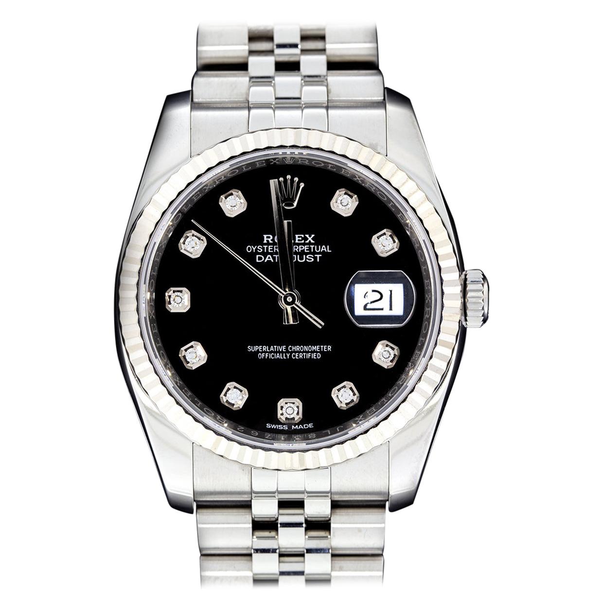 Rolex Stainless Steel 36mm Datejust Watch with Black Diamond Dial, Model 116234