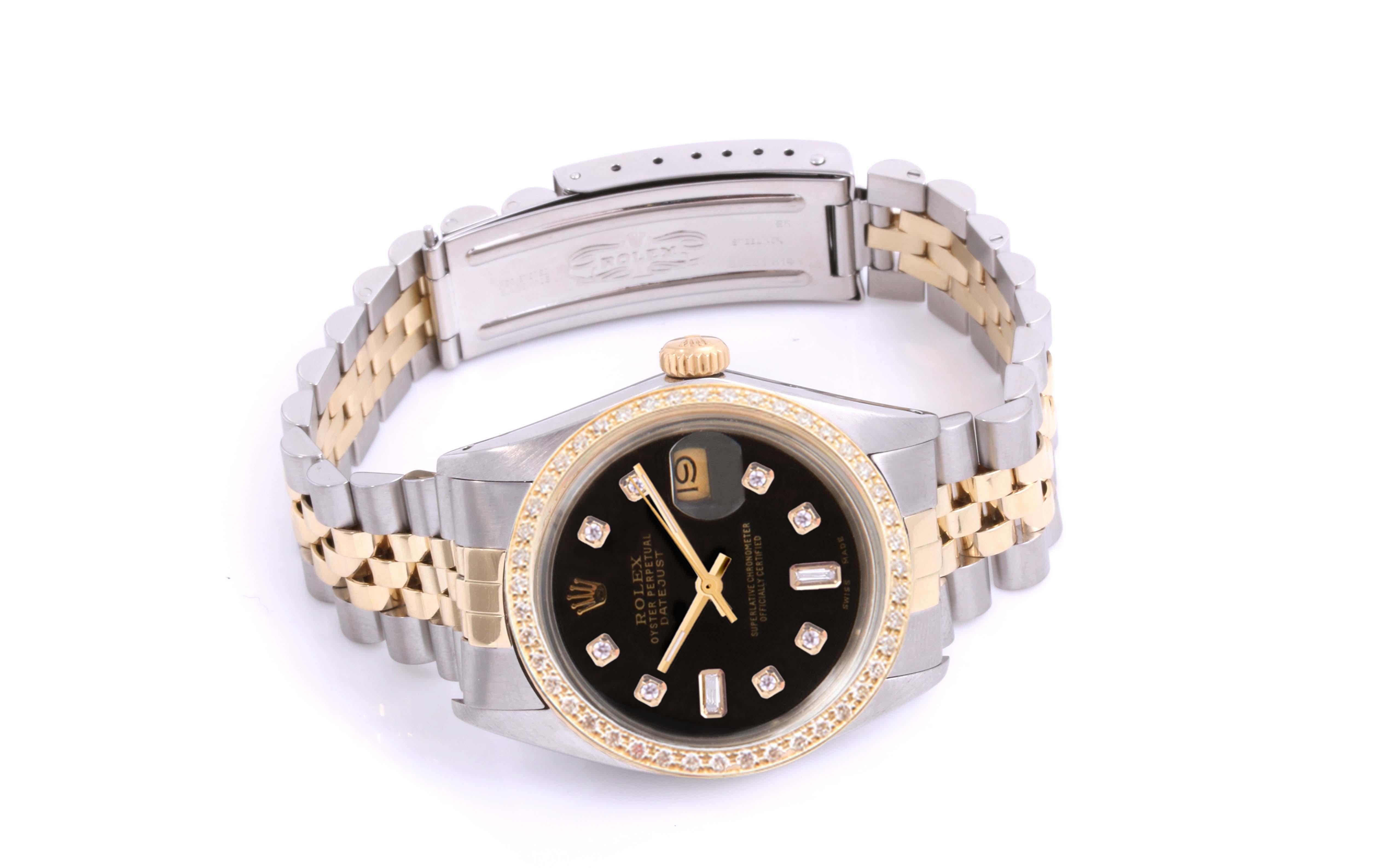 (Watch Description) 
Brand - Rolex
Gender - Ladies 
Model - 16013 Datejust 
Metals - Yellow Gold / Steel 
Case size - 36mm
Bezel - Yellow gold Diamond
Crystal - Sapphire
Movement - Automatic Cal.3035
Dial - Refinished Black Diamond
Wrist band - Two
