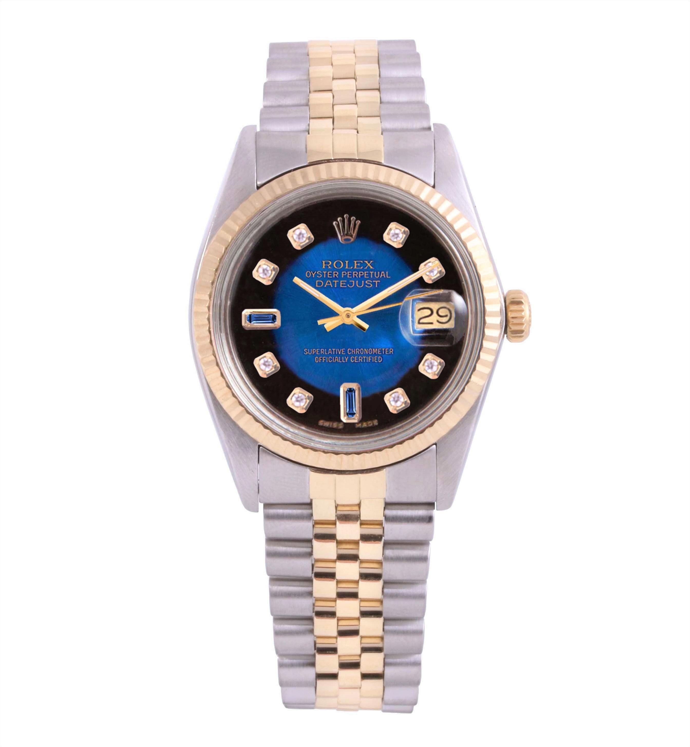 Women's or Men's Rolex 36mm Datejust 16013 Blue Diamond two tone jubilee For Sale