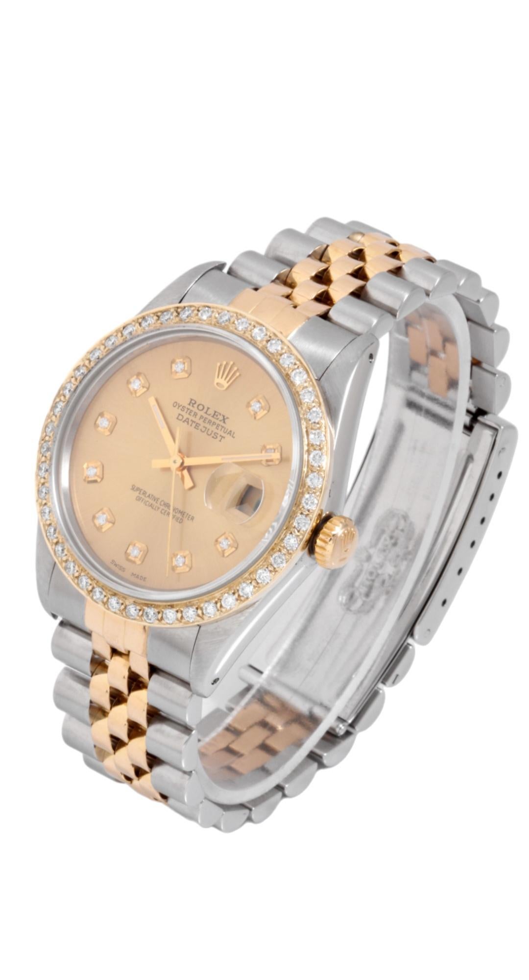 (Description)
Brand - Rolex
Case size - 36mm
Style - Datejust 
Model - 16013
Crystal - Sapphire
Metals - Yellow gold/steel 
Bezel - Yellow gold diamond
Dial - Champagne Diamond
Movement - Rolex auto CAL-3035
Band - Rolex two tone jubilee

3 years in