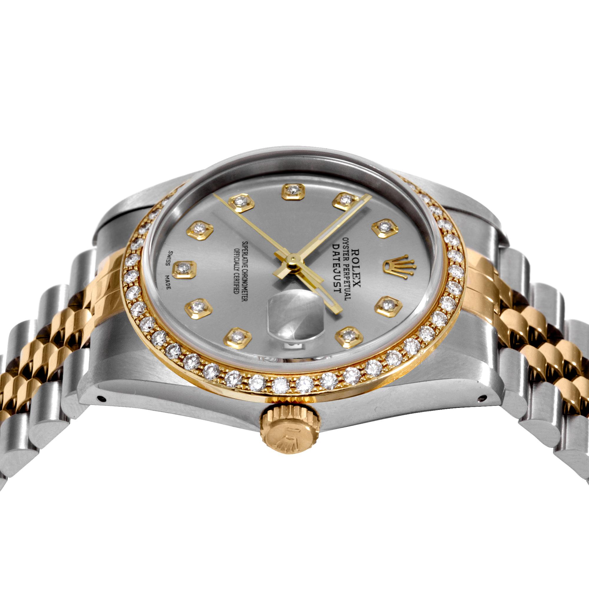 (Watch Description)
Brand - Rolex
Gender - Unisex
Model - 16013 Perpetual 
Metals - Stainless steel  / Yellow gold
Case size - 36mm
Bezel -Yellow Gold Diamond
Crystal - Sapphire
Movement - Automatic caliber 3035
Dial - Silver Diamond
Wrist band -