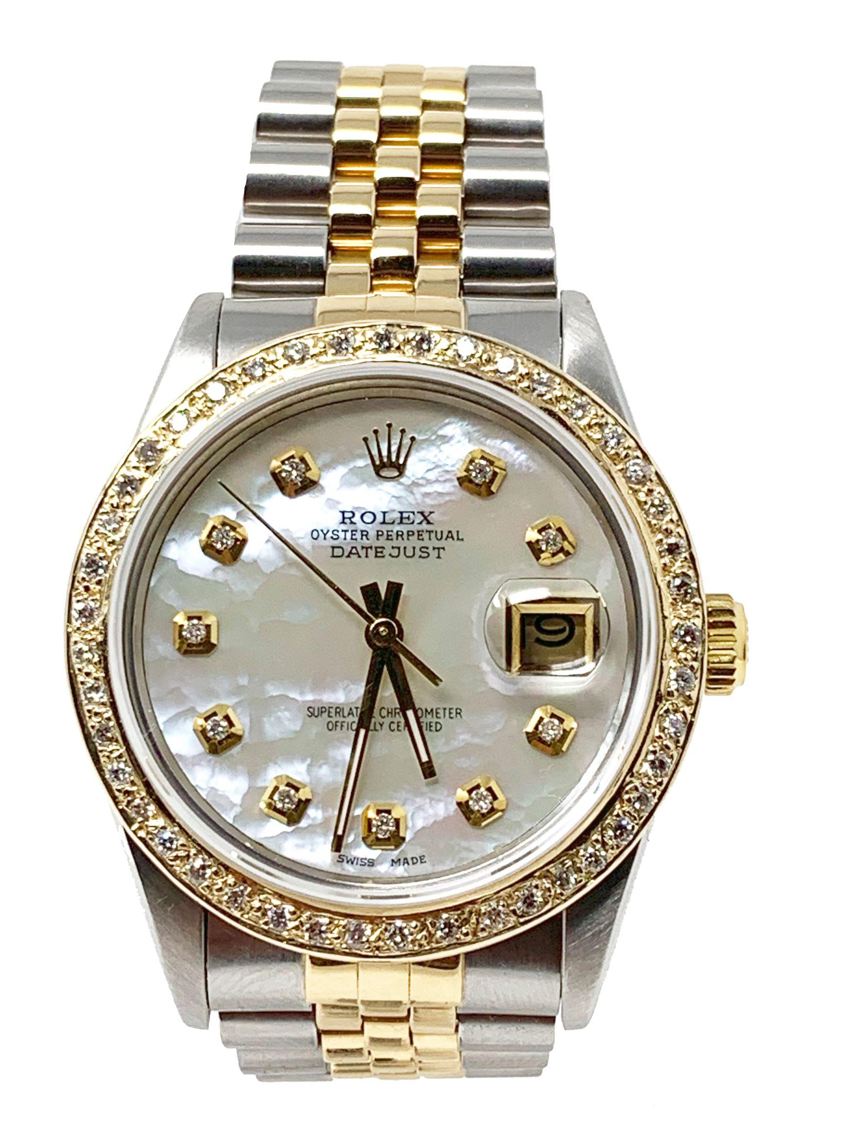 Model - 16013 Datejust 
Case Size - 36MM
Gender - Unisex 
Crystal - Sapphire
Calendar - Yes
Metals - Solid Gold/Stainless Steel 
Dial - Refinished Mother of pearl Diamond
Bezel - Solid Gold, 1CT Diamond
Band - Two-TONE Jubilee
Movement - Rolex