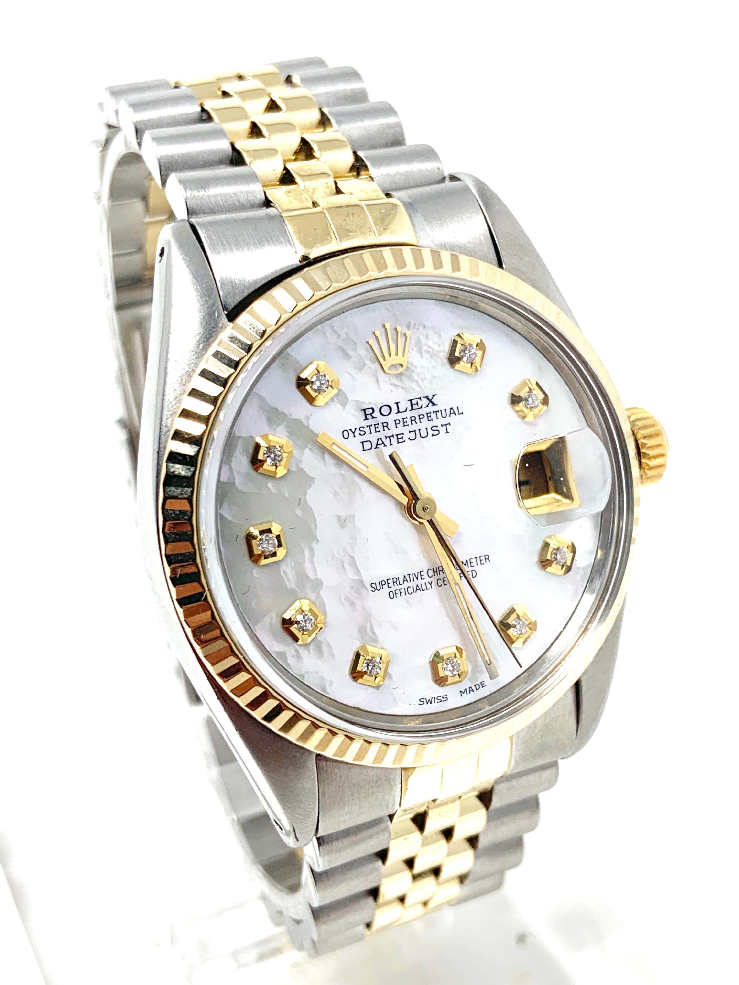 Brand - Rolex 
Model - 16013 Datejust
Case Size - 36mm
Dial - Refinished Mother of Pearl Diamond
Crystal - Acrylic 
Bezel - Yellow Gold Flute 
Movement - Automatic Cal-3035 Quick set
Wrist Band - Rolex Two-Tone Jubilee