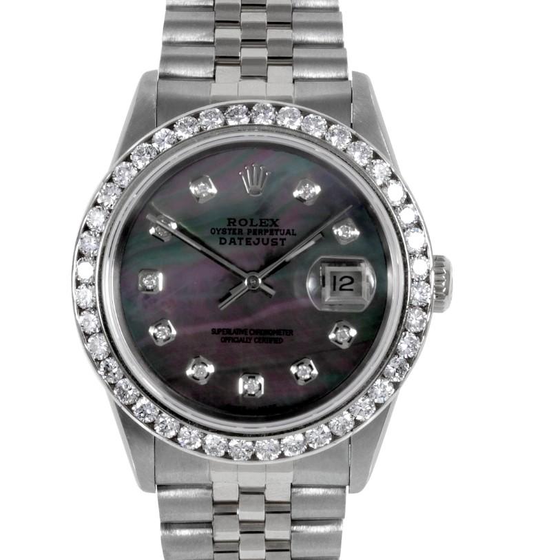 (item descriptipn)
Brand - Rolex
Model - 16014 Datejust 
Metals - Stainless steel
case size - 36mm 
Crystal - Sapphire
Dial - Refinshed MP Dial
Movement - Automatic Cal-3035
Band - Rolex steel Jubilee
Wrist size - 7 1/2 inches
(In-House Warranty &