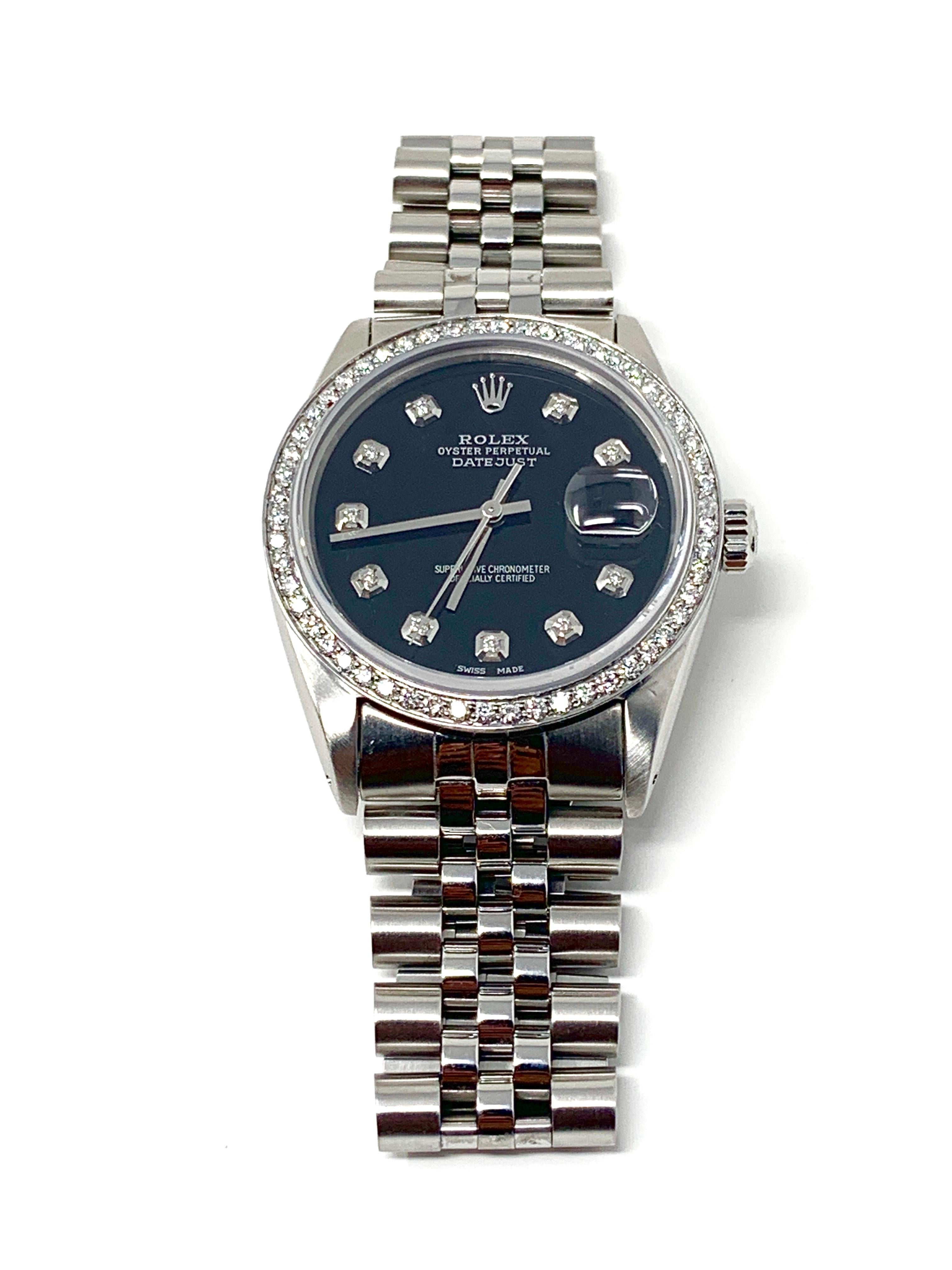 Marke - Rolex 
Gehäuse - Größe - 36mm
Modell - 16014 Datejust
Lünette - Stahl Diamant
Zifferblatt - Schwarzer Diamant
Uhrwerk - Automatik Kal.3035 
Band - Stahljubiläum
