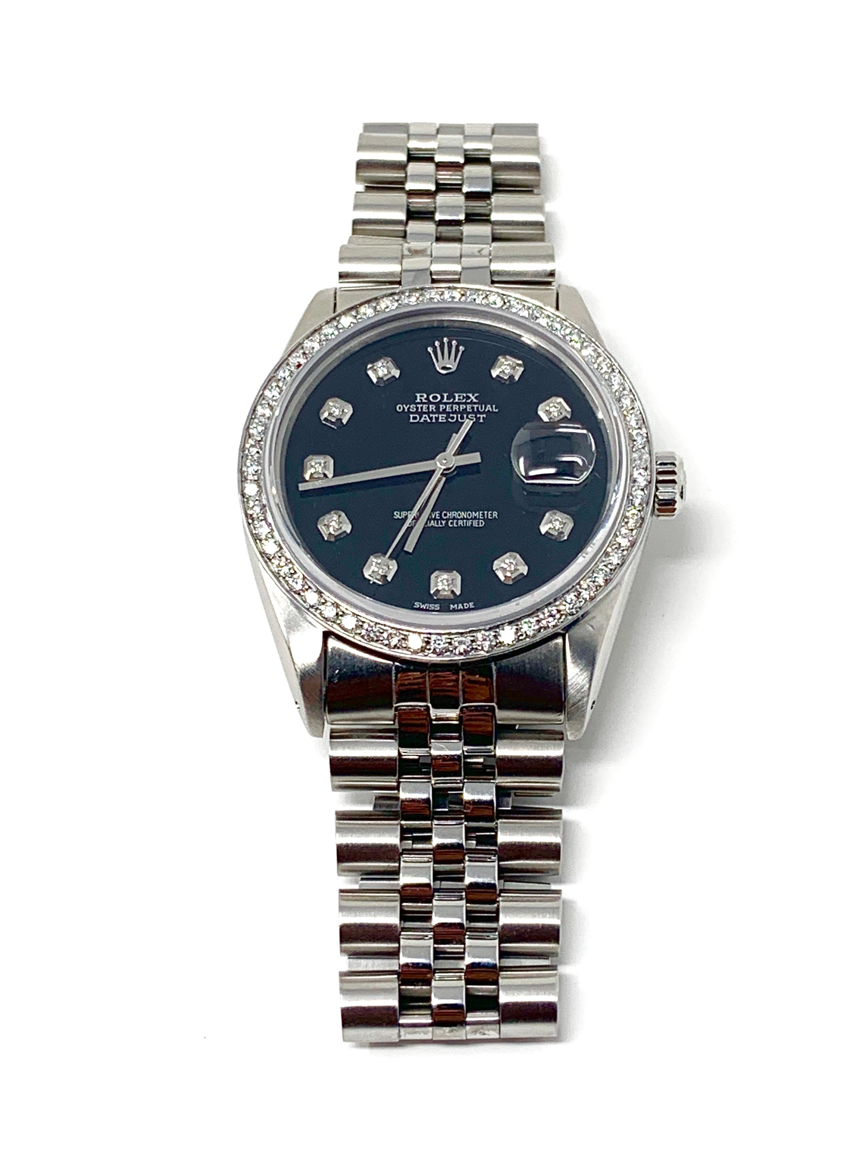 Brand - Rolex 
Case -Size - 36mm
Model - 16014 Datejust
Bezel - Steel Diamond
Dial - Black Diamond
Movement - Automatic Cal.3035 
Band - Steel Jubilee
