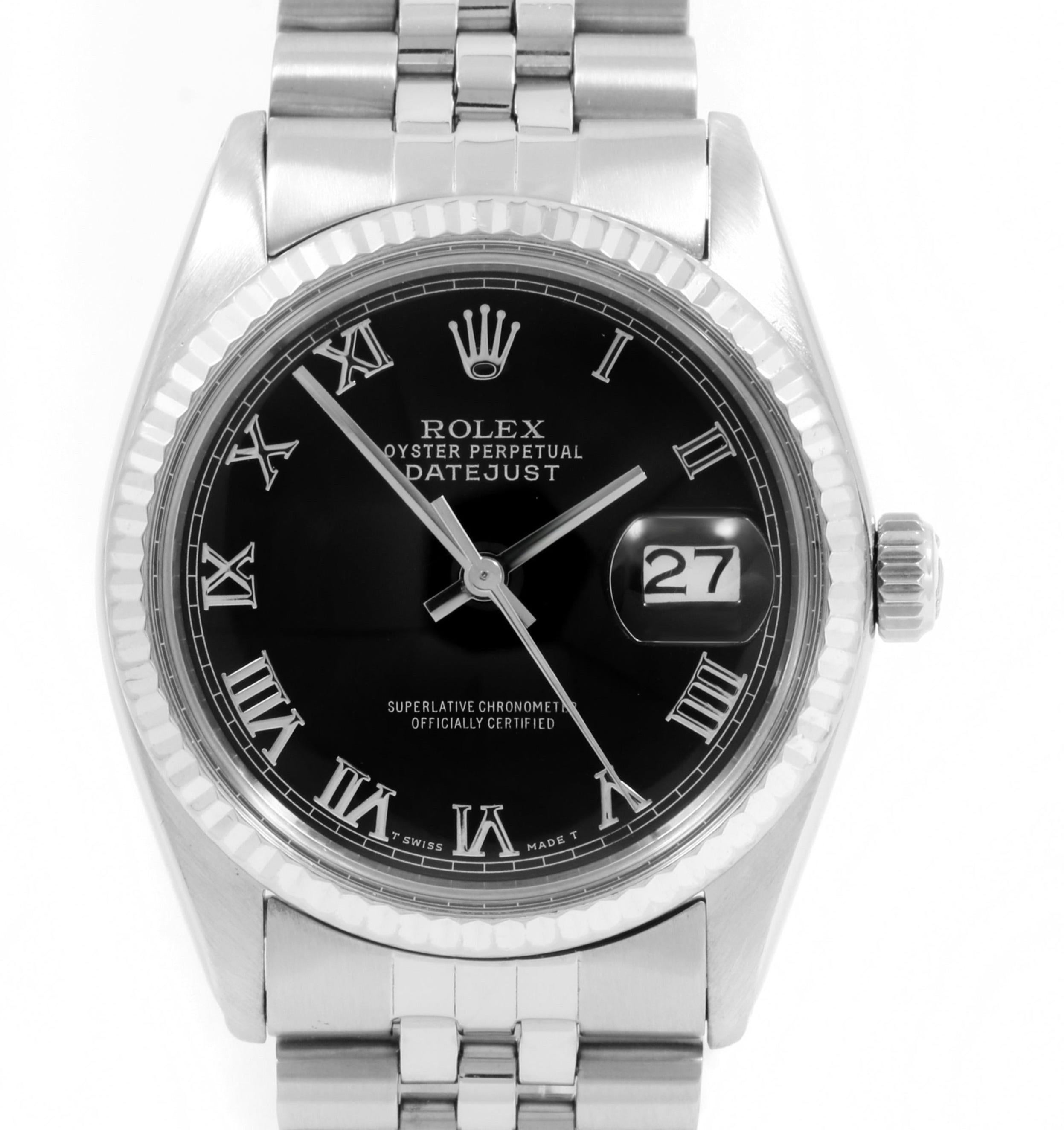 (Watch Description) 
Brand - Rolex
Gender - Mens
Model - 16014 Datejust
Metals - Steel / Yellow Gold
Case size - 36mm
Bezel - White gold Fluted.
Crystal - Acrylic
Movement - Automatic Cal.3035
Dial - Refinished Black Roman
Wrist band - Steel