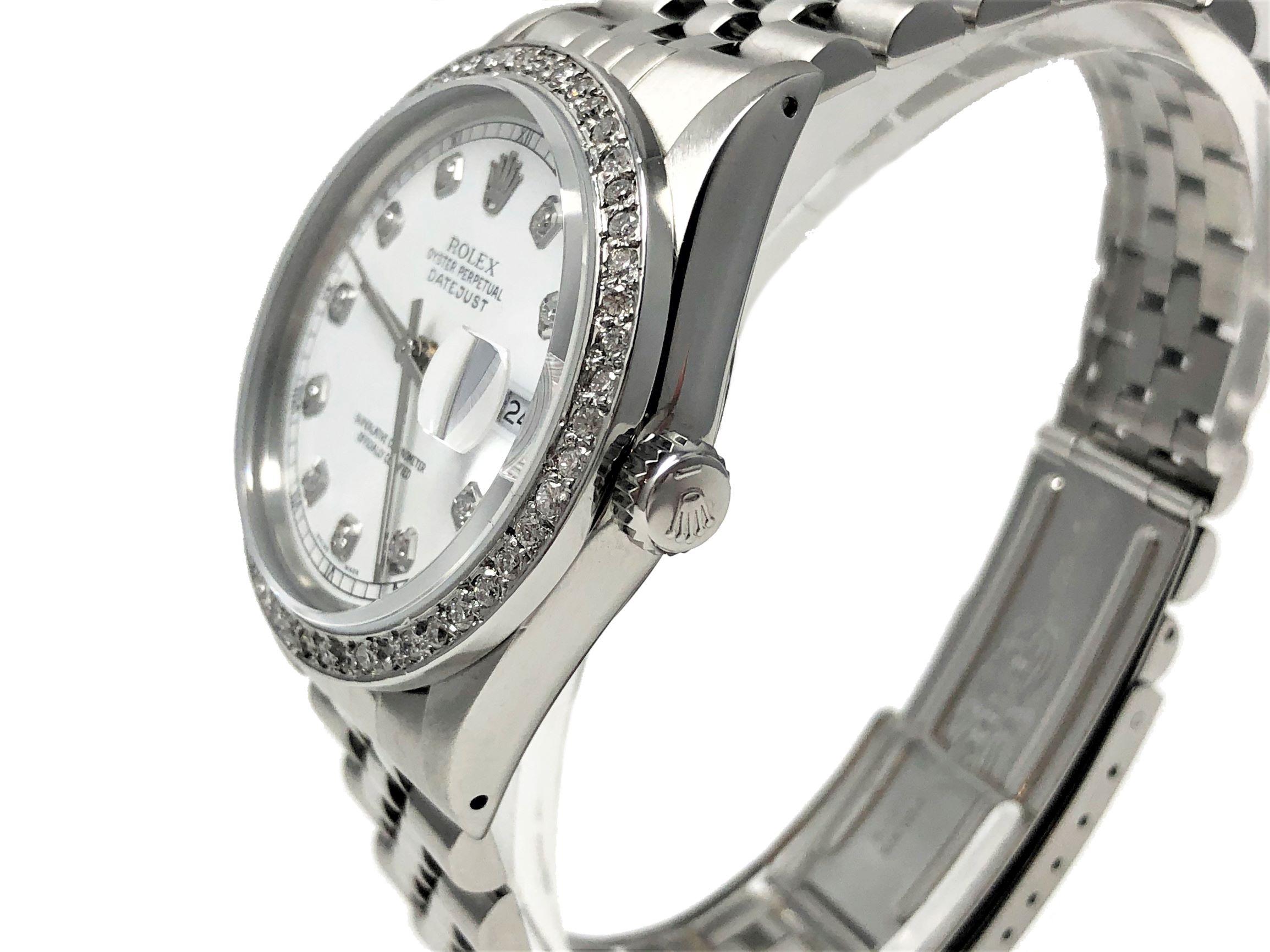Brand - Rolex
Gender - Unisex
Model - 16014 Datejust
Metals - Stainless steel
Case size - 36mm
Bezel - Steel Diamond
Crystal - sapphire
Movement - Automatic cal 3035
Dial - Refinished White diamond
Wrist band - Steel jubilee 
Wrist size - 7 1/2